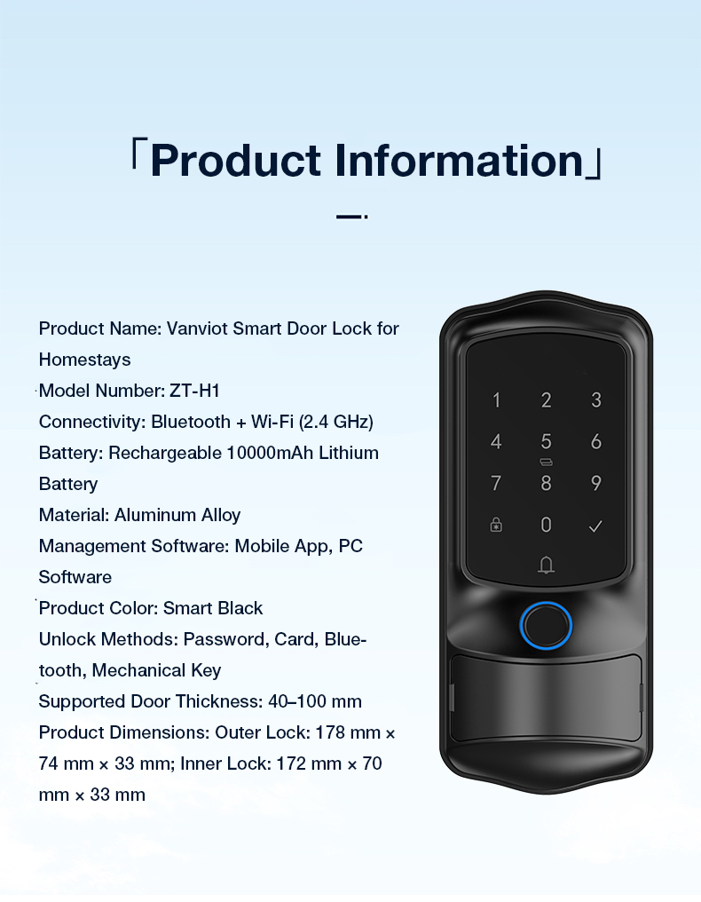 Vanviot ZT-H1  Smart Lock for Airbnb Hosts - PMS & OTA Sync, No Gateway, Keyless Entry - Image 6