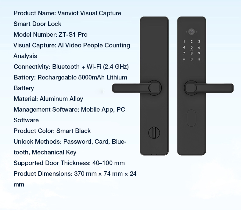 Vanviot ZT-S1 Pro AI Visual Capture Smart Lock for Airbnb - People Counting, Real-Time Alerts, PMS/OTA Sync, No Gateway - Image 3