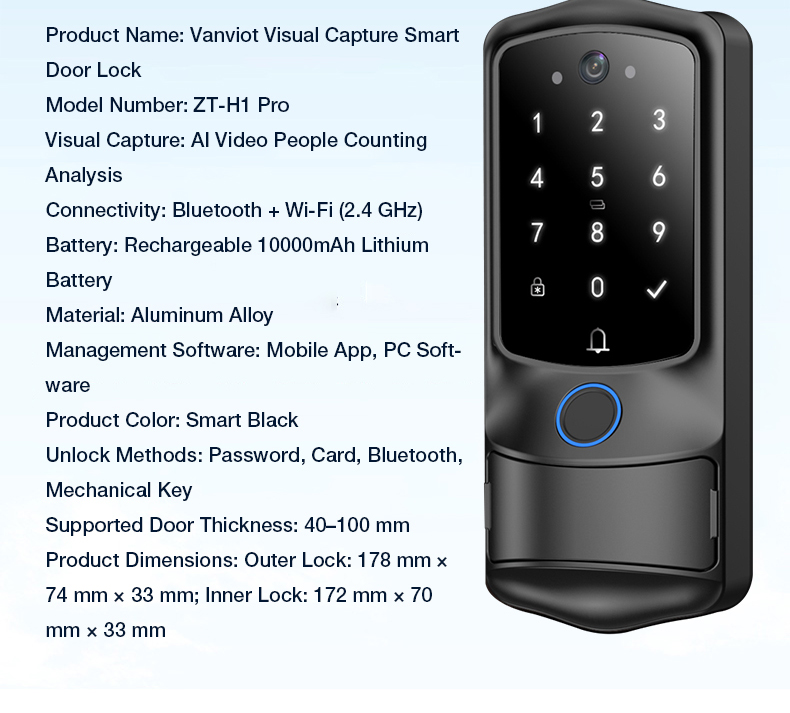 VanviotZT- H1 Pro Smart Lock for Airbnb & Vacation Rentals - AI People Counting, Visual Doorbell Camera, PMS & OTA Integration, Keyless Entry Deadbolt for Hosts - Image 2