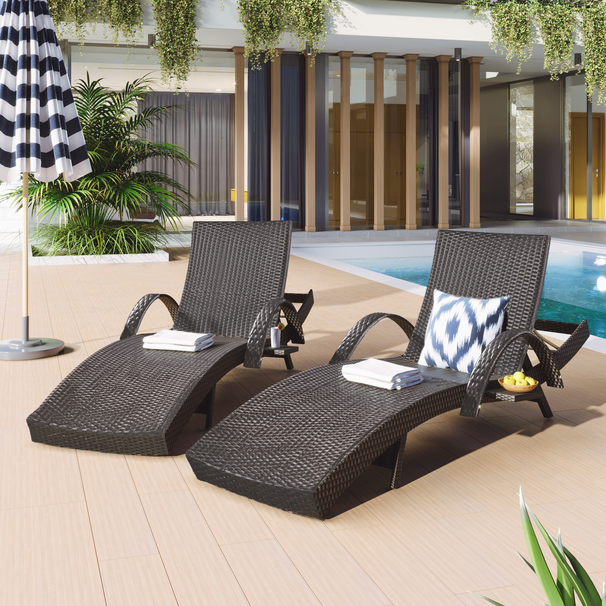 K&K 80” Outdoor Wicker Chaise Lounge Chairs Set of 2, Patio Rattan Reclining Chair Pull-out Side Table w/ 5 – Level Adjustable Backrest Ergonomic Wave Design Pool Sunbathing Recliners, Dark Brown