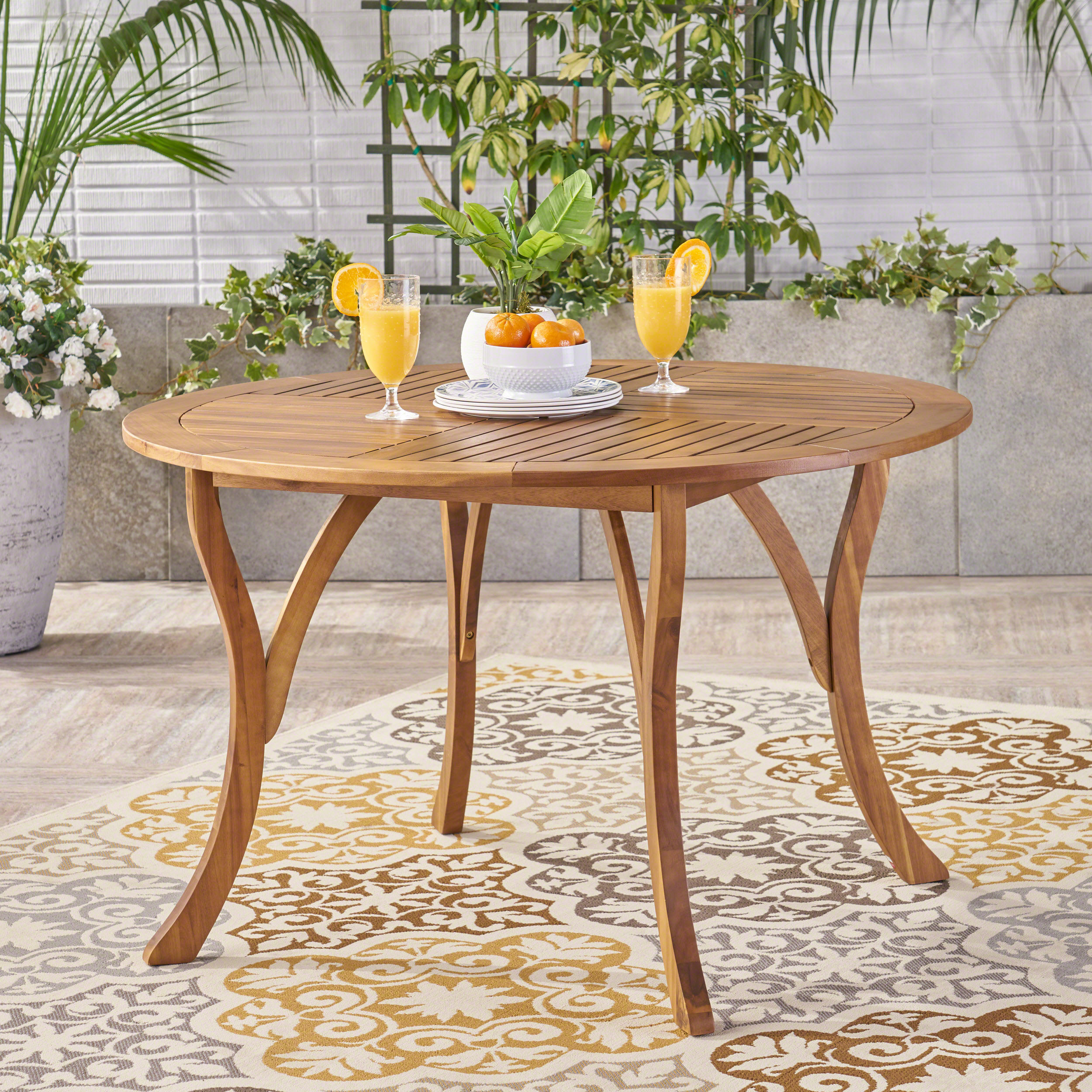 47.25″ Round Acacia Wood Dining Table with Teak Finish, Weather-Resistant Slatted Patio Table for Outdoor & Indoor Use