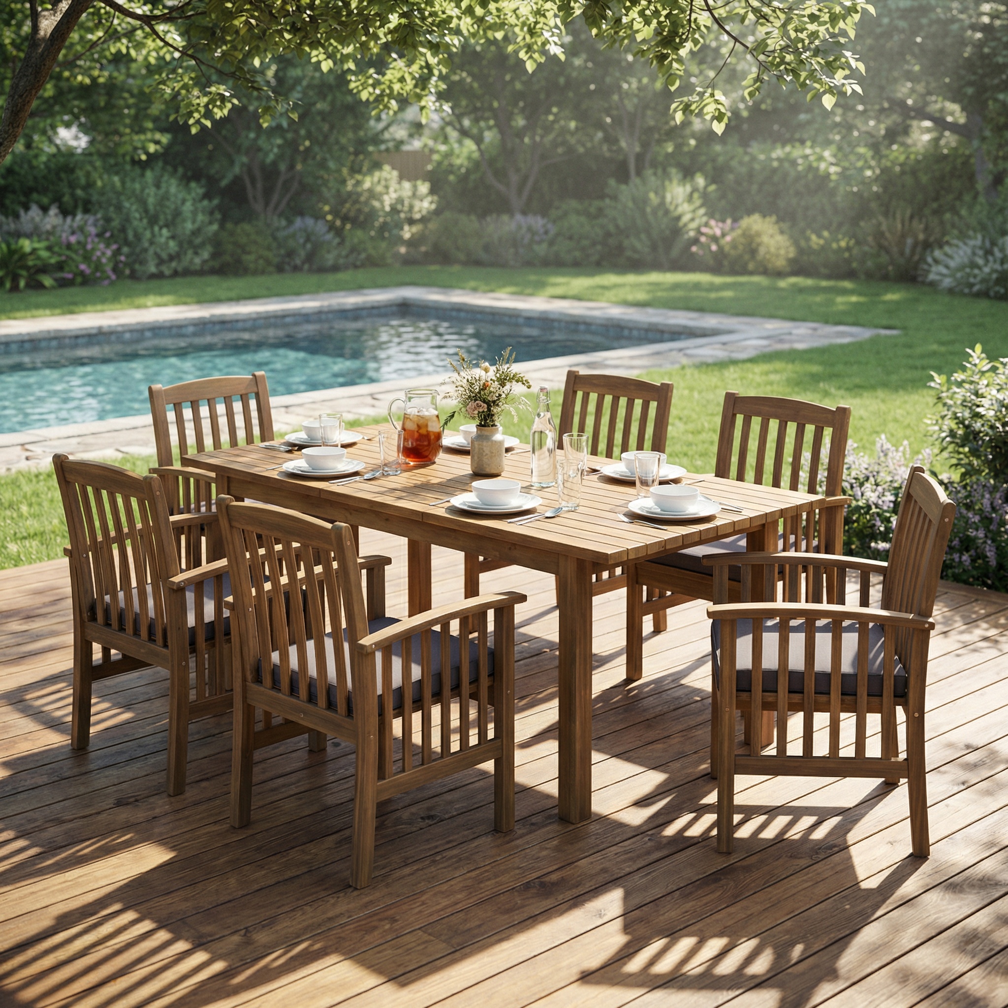 7 Pieces Acacia Wood Outdoor Dining Set s,Modern 6 Chairs  1 Large Table,Dining Furniture Set for Lawn, Backyard, Garden Deck,Poolside,Dark Grey