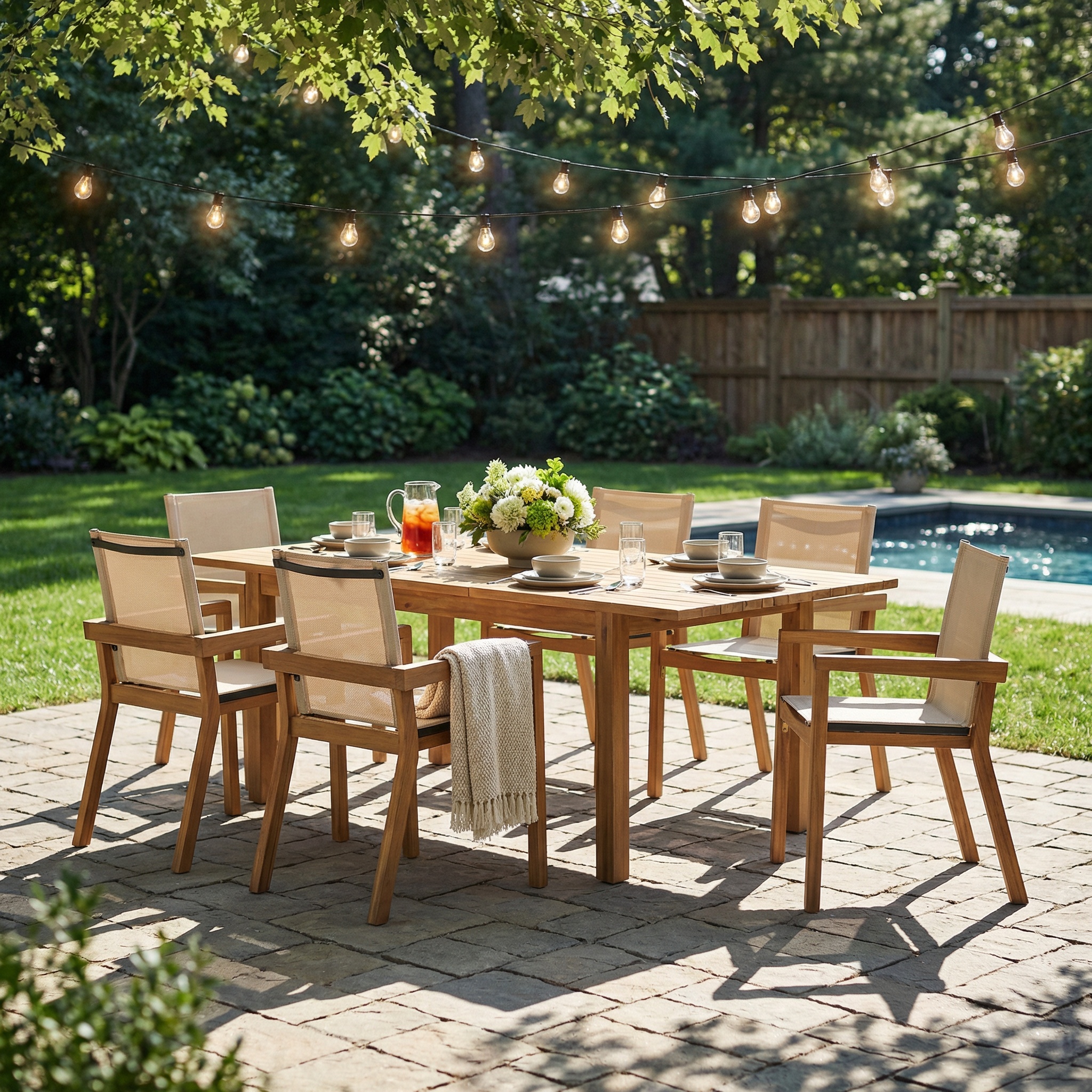 7 Pieces Acacia Wood Outdoor Dining Set s,Modern 6 Chairs 1 Large Table, Dining Furniture Set for Lawn, Backyard, Garden Deck,Poolside,Beige