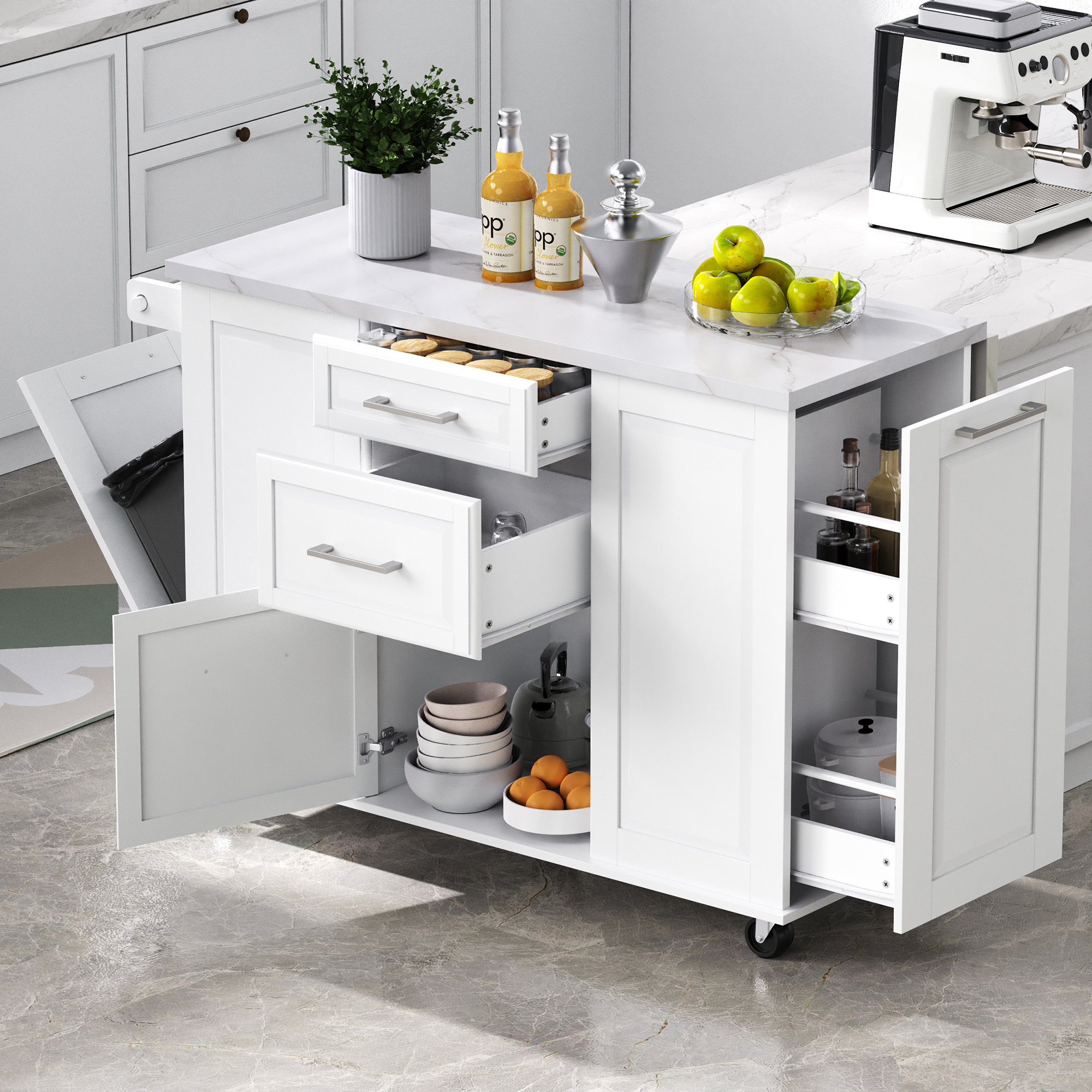 K&K 50.7″ Kitchen Island with Storage Tilt Trash Can Cabinet and Pull Out Cabinet Organizer, Rolling Kitchen Island on 5 Wheels with Drop Leaf, 2 Drawers, 1Door for Kitchen, Dining Room, White