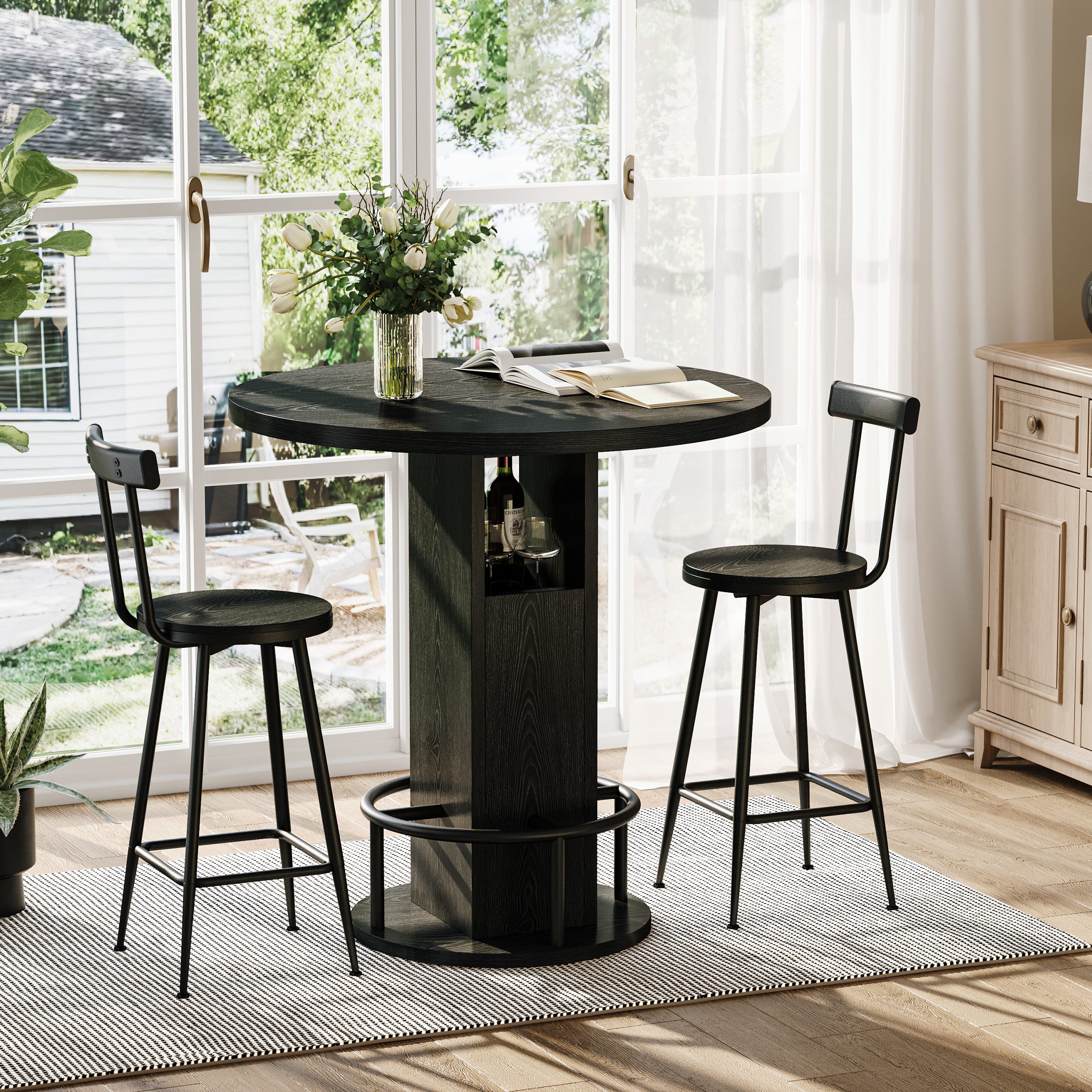 3-Piece Bar Table and Stool Set 31.5-inch round bar table with two stools Compact wooden dining bar with metal ring footrest Ideal for restaurants, cafes, bars, living rooms, and small spaces,Black