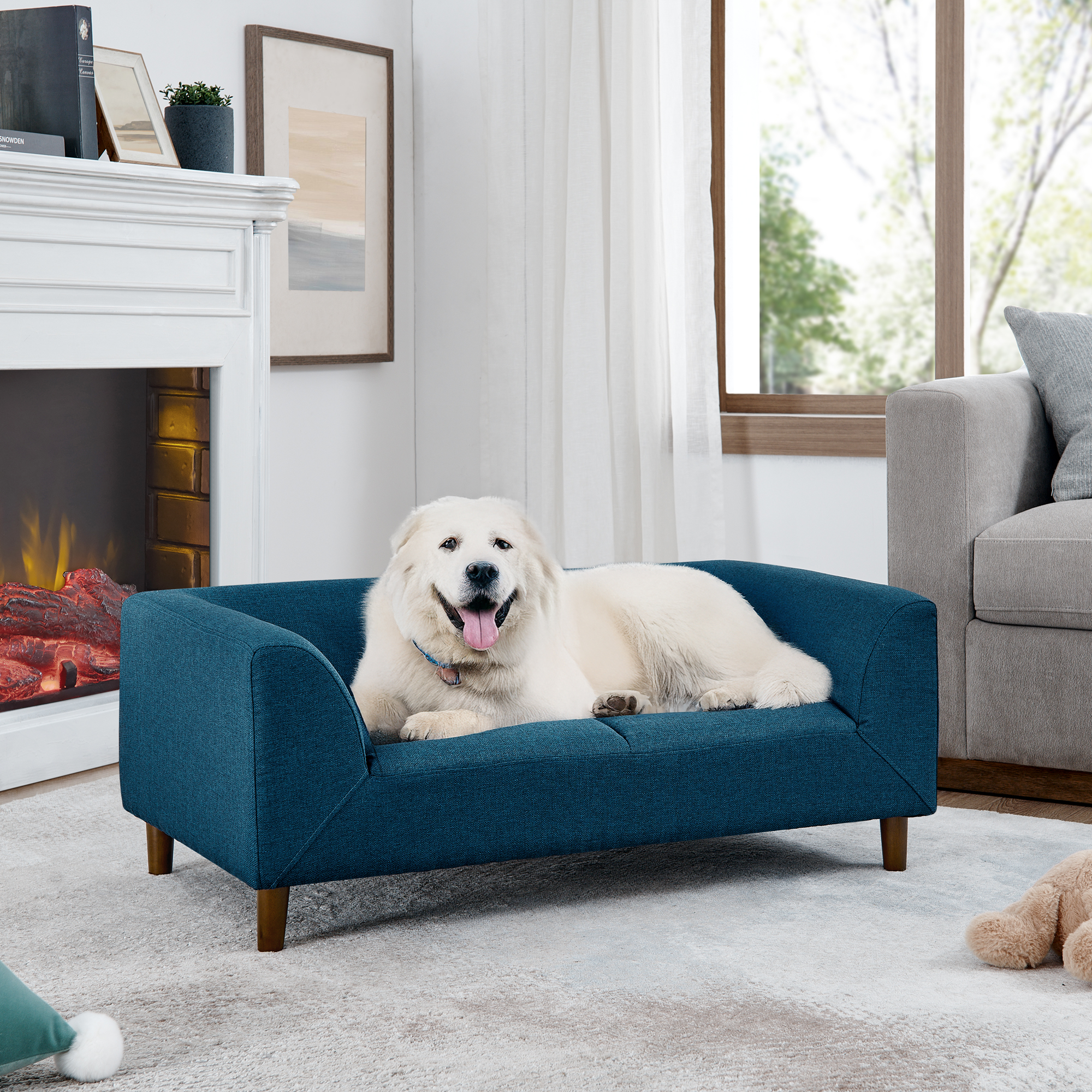 Pet sofa with backrest and armrests, modern rectangular pet sofa suitable for small and medium dogs, soft cushion comfortable dog sofa,-BLUE