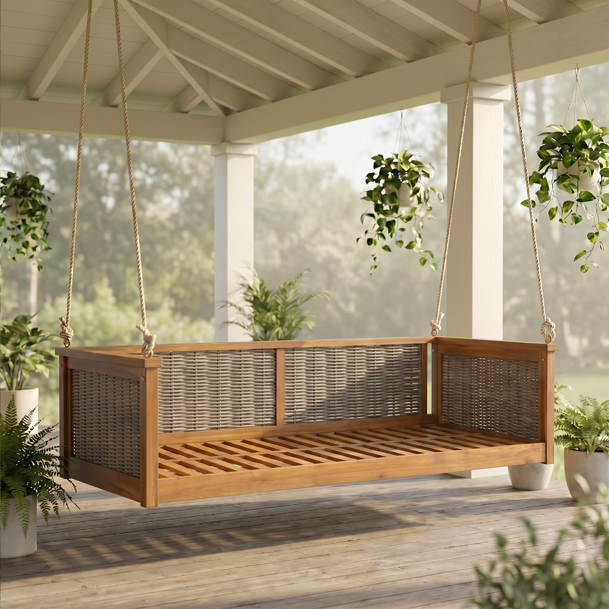 TOPMAX Outdoor Classic Solid Wood Twin Size Swing Bed,Garden Porch Rattan Swing Frame with Long Ropes for Poolside, Backyard,TEAK