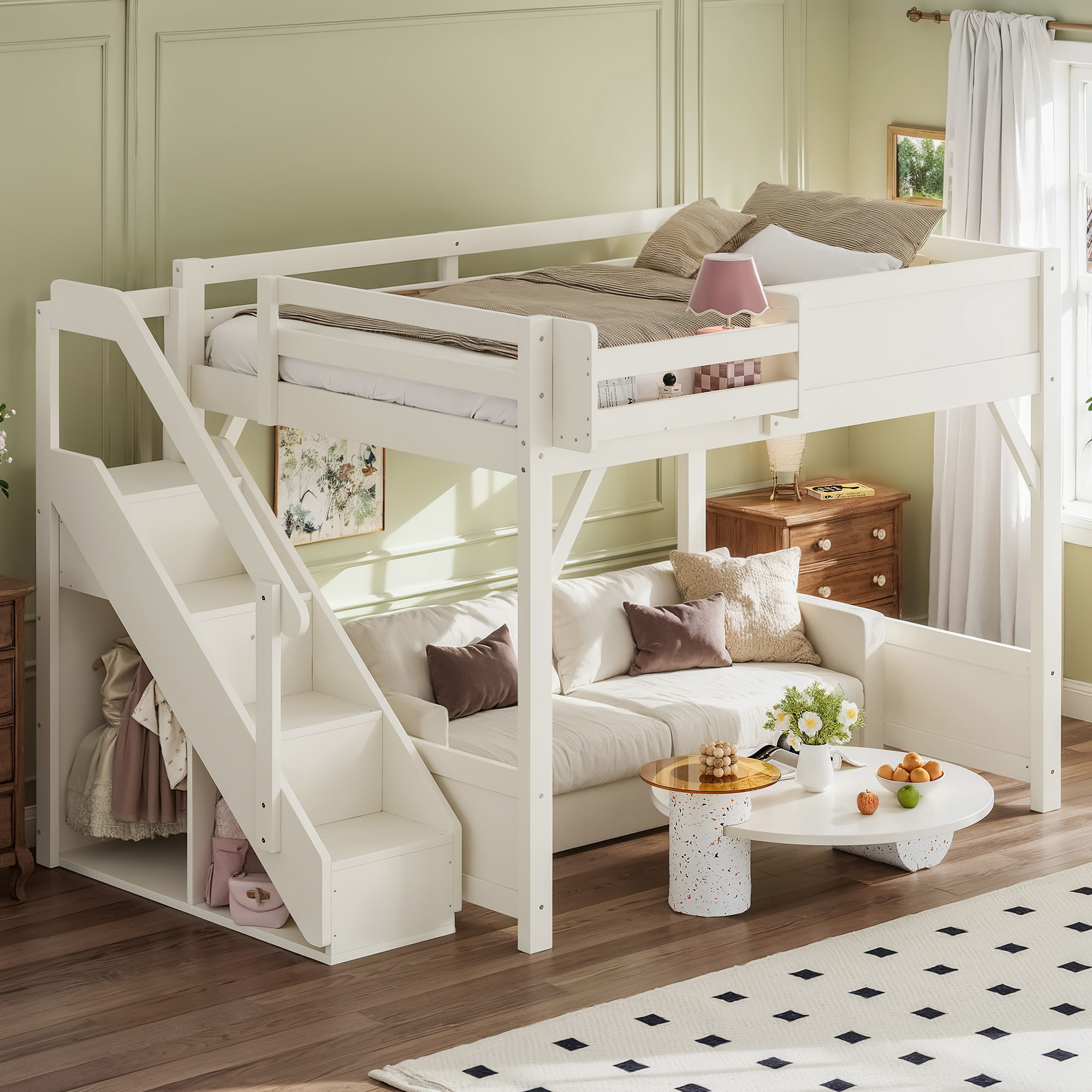 Full Size Loft Bed with Built-in Wardrobe and Storage Space, Solid Wood Loft Bed with Beside Shelves, Full-length Guardrails and Stairs, No Box Spring Needed,Beige