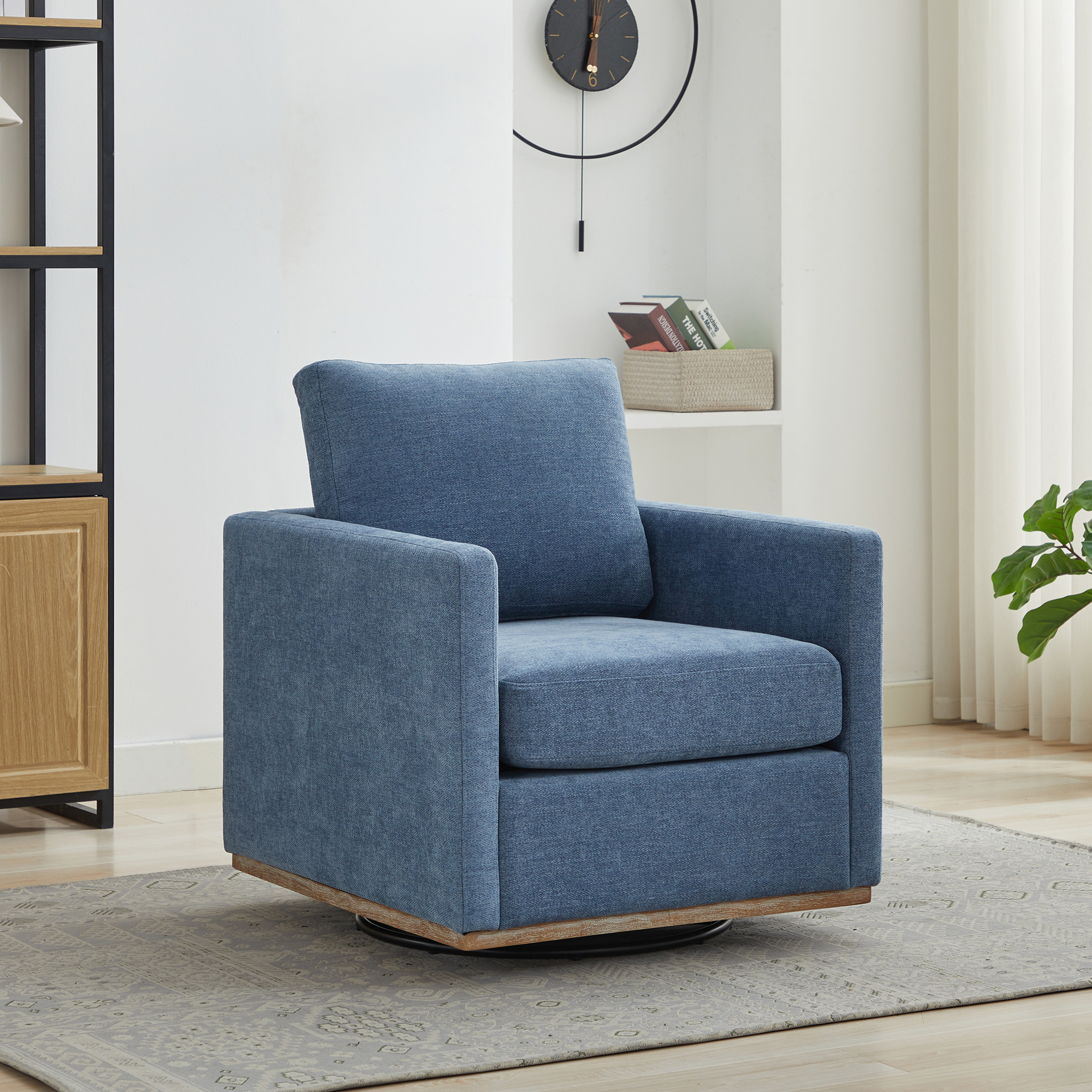 30.7″W Square Upholstered 360° Swivel Accent Chair and Comfy Single Sofa Chair with a Weathered Finished Wooden Base, Club Lounge Reading Armchair for Living Room Bedroom Apartment Nursery. Blue