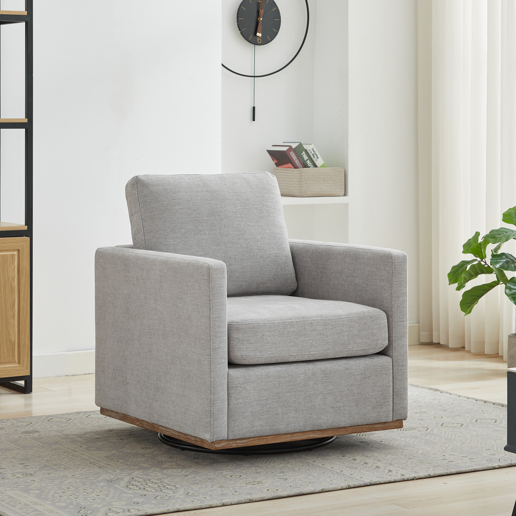 30.7″W Square Upholstered 360° Swivel Accent Chair and Comfy Single Sofa Chair with a Weathered Finished Wooden Base, Club Lounge Reading Armchair for Living Room Bedroom Apartment Nursery. Light Gray