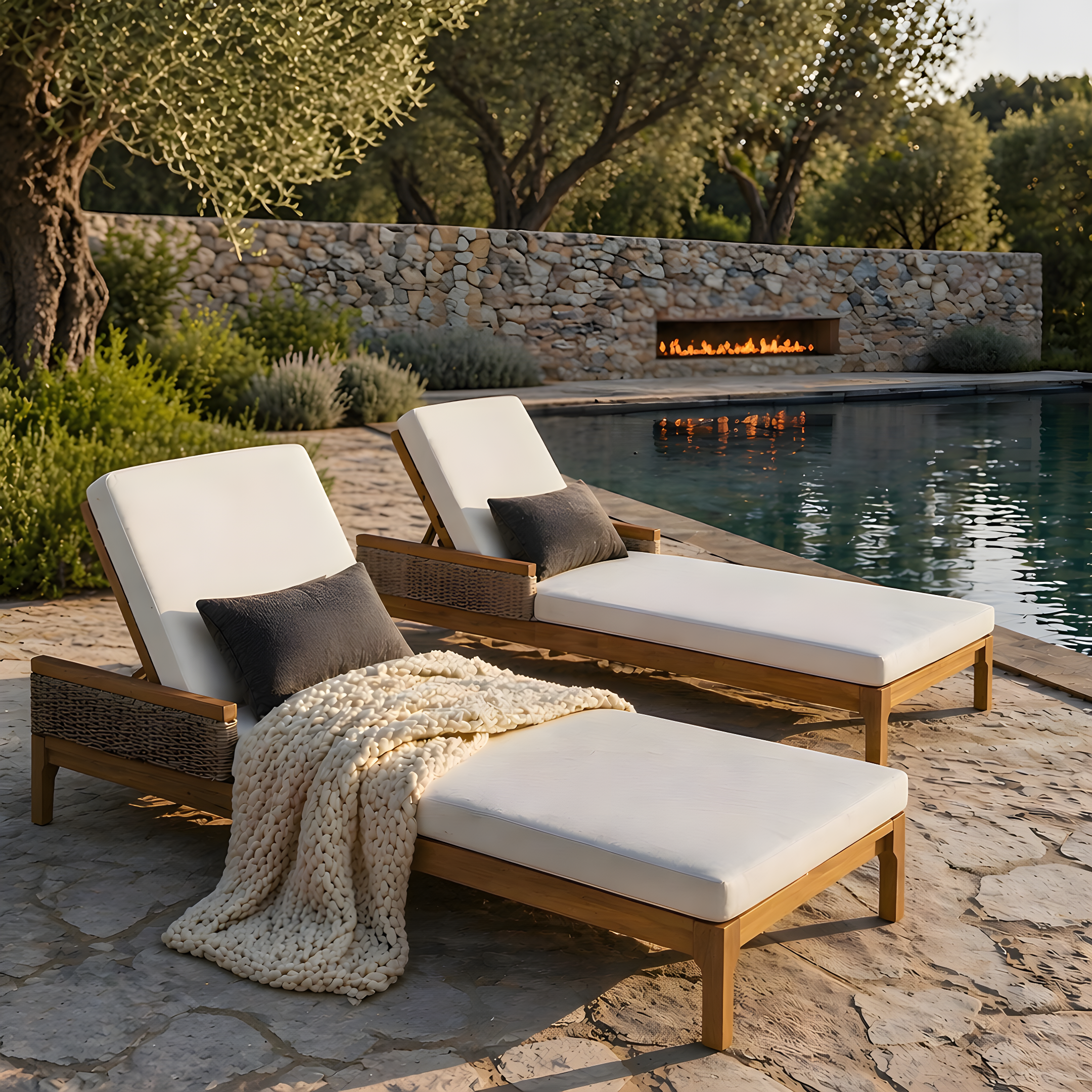76.8″ Solid Acacia Wood Sun Lounger Set of 2, Outdoor Patio Furniture with Beige Cushions and Light Grey Wicker for Garden, Deck, Poolside Relaxation,Natural +Beige Cushion