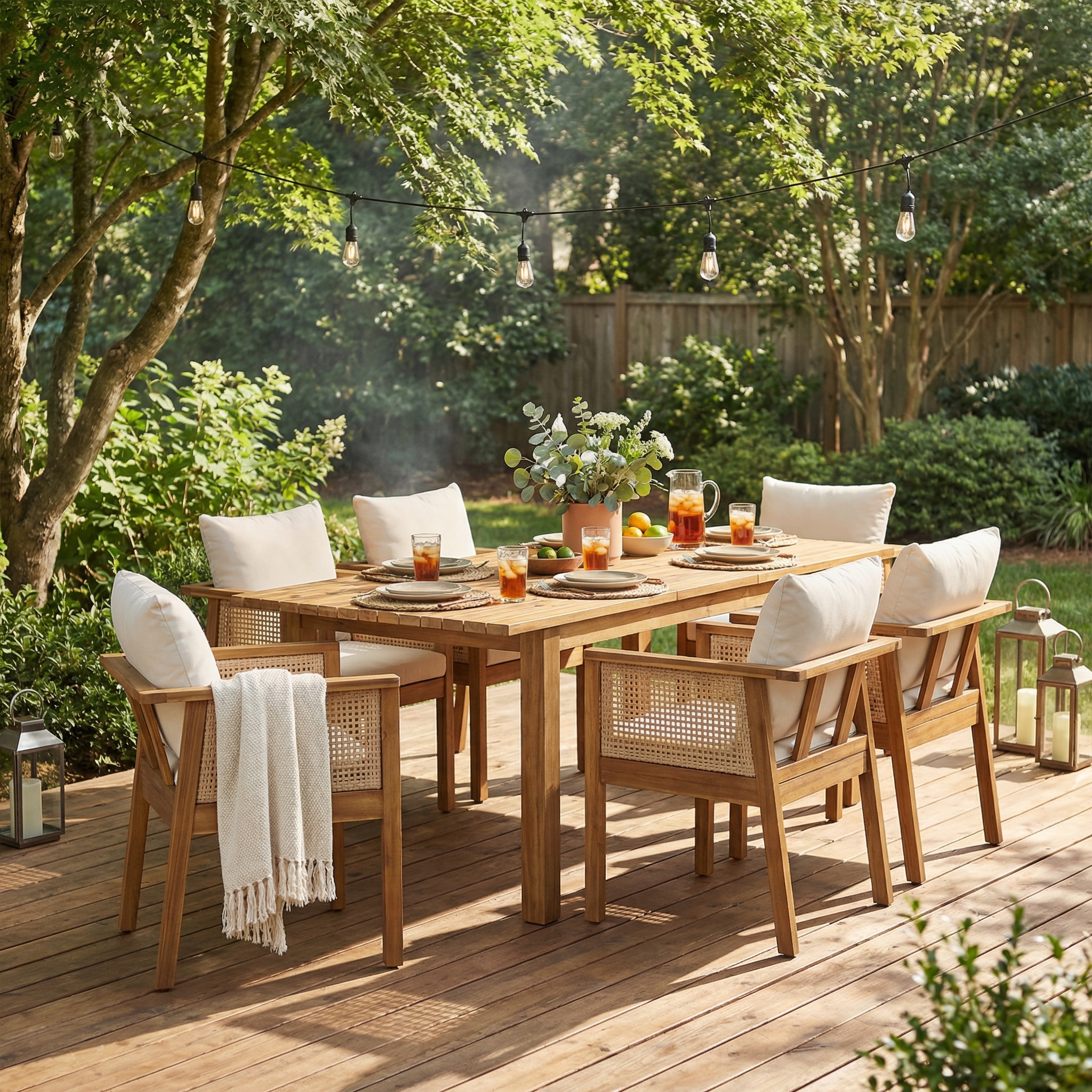 7 Pieces Acacia Wood Outdoor Dining Set with Cream Cushions and Natural Wicker,Modern 6 Chairs 1 Large Table,Dining Furniture Set for Lawn, Backyard, Garden Deck,Poolside,Teak