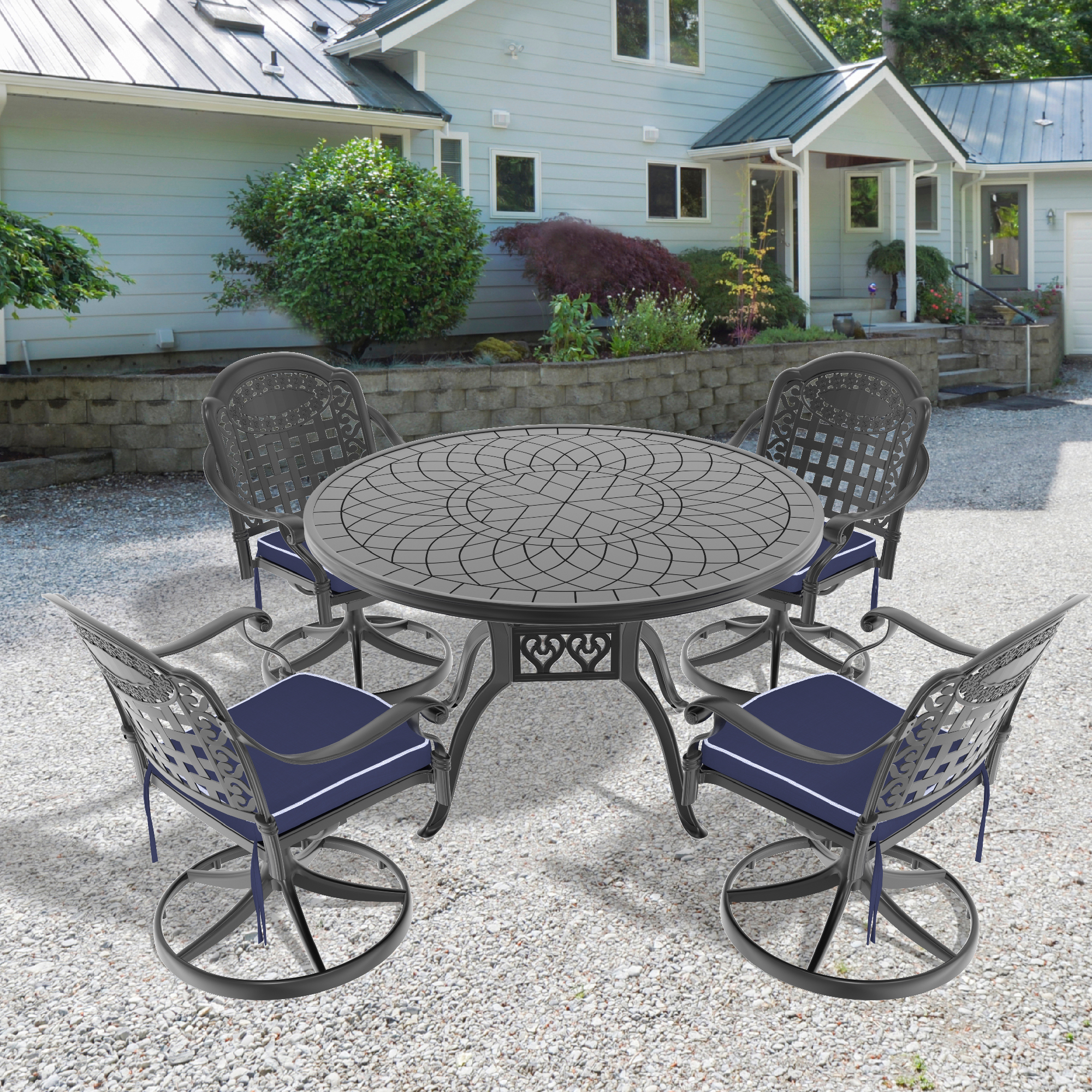 5-Piece All-Weather Cast Aluminum Dining Set, Include 4 Swivel Chairs and 47.24″ Round Table With Black Frame (same sku:W1710S00345)