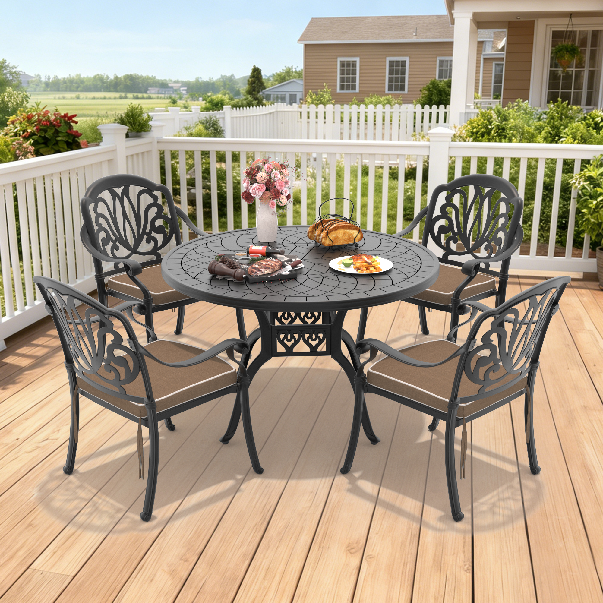 5-Piece Set Of Cast Aluminum Patio Furniture With Brown Cushions(same sku:W1710S00073)