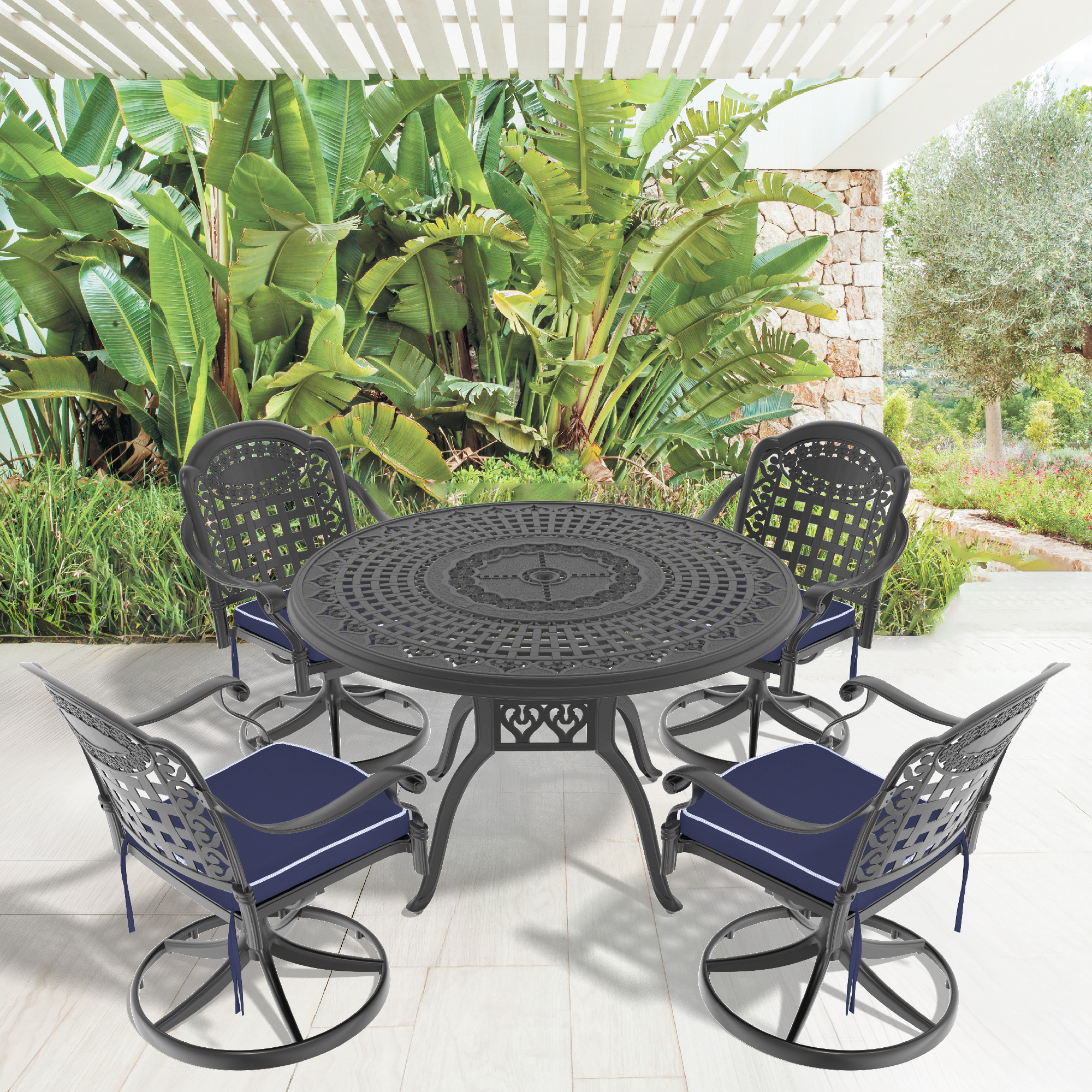 5-Piece All-Weather Cast Aluminum Dining Set, Include 4 Swivel Chairs and 47.24″ Round Table With Black Frame (same sku:W1710S00343)