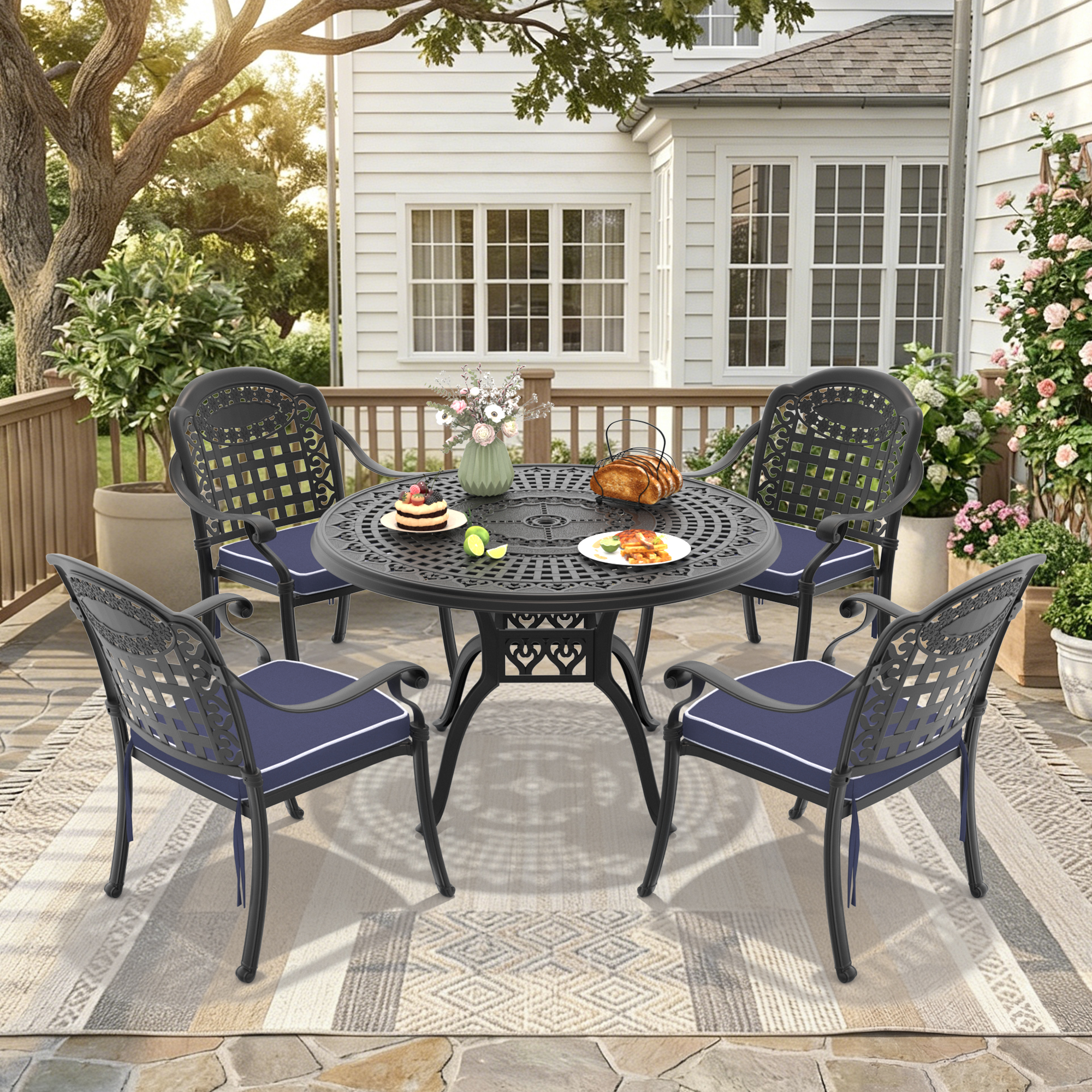 5-Piece Set Of Cast Aluminum Patio Furniture With Black Frame and Blue Seat Cushions(same sku:W1710S00093)