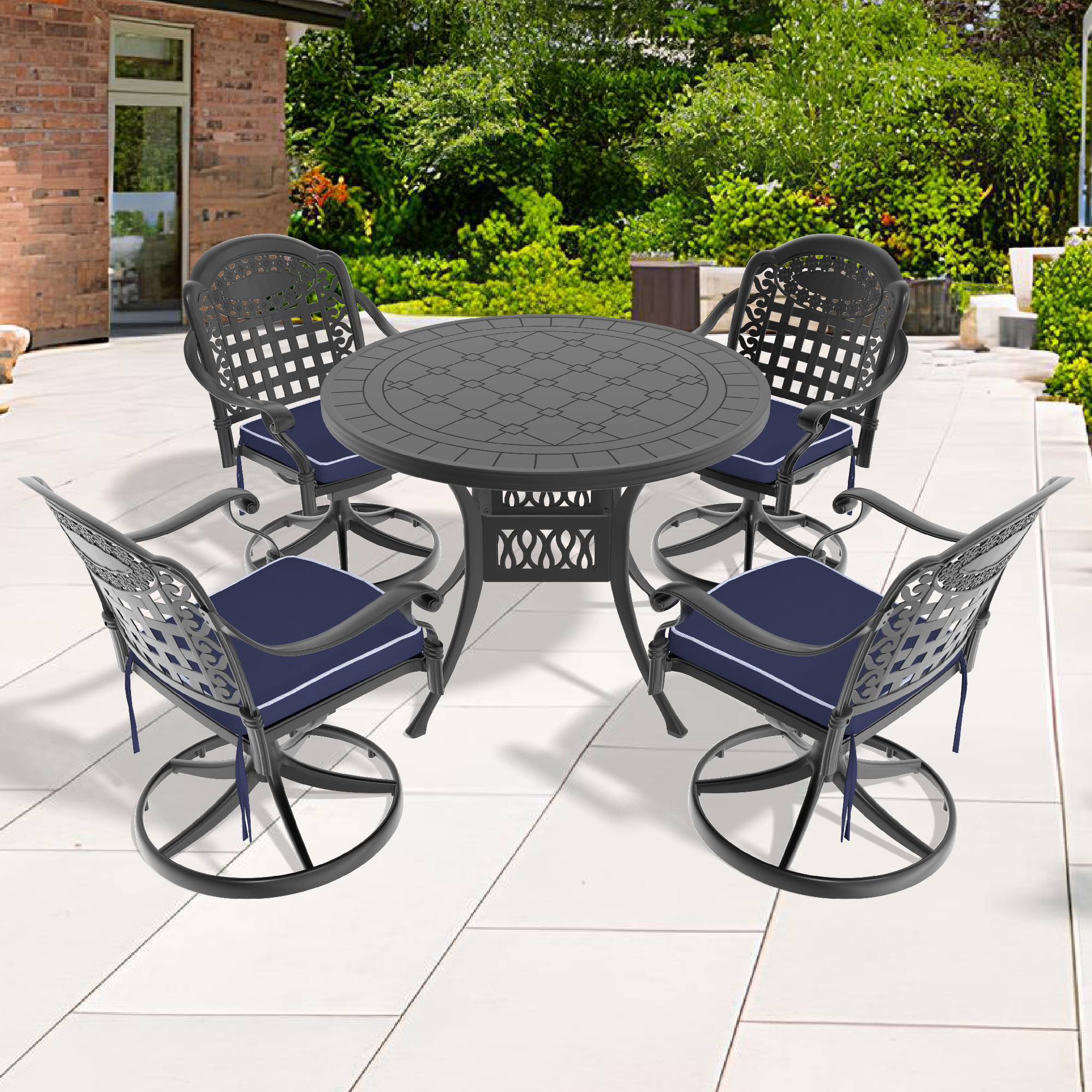 5-Piece All-Weather Cast Aluminum Dining Set, Include 4 Swivel Chairs and 39.37″ Round Table With Black Frame (same sku: W1710S00438 )