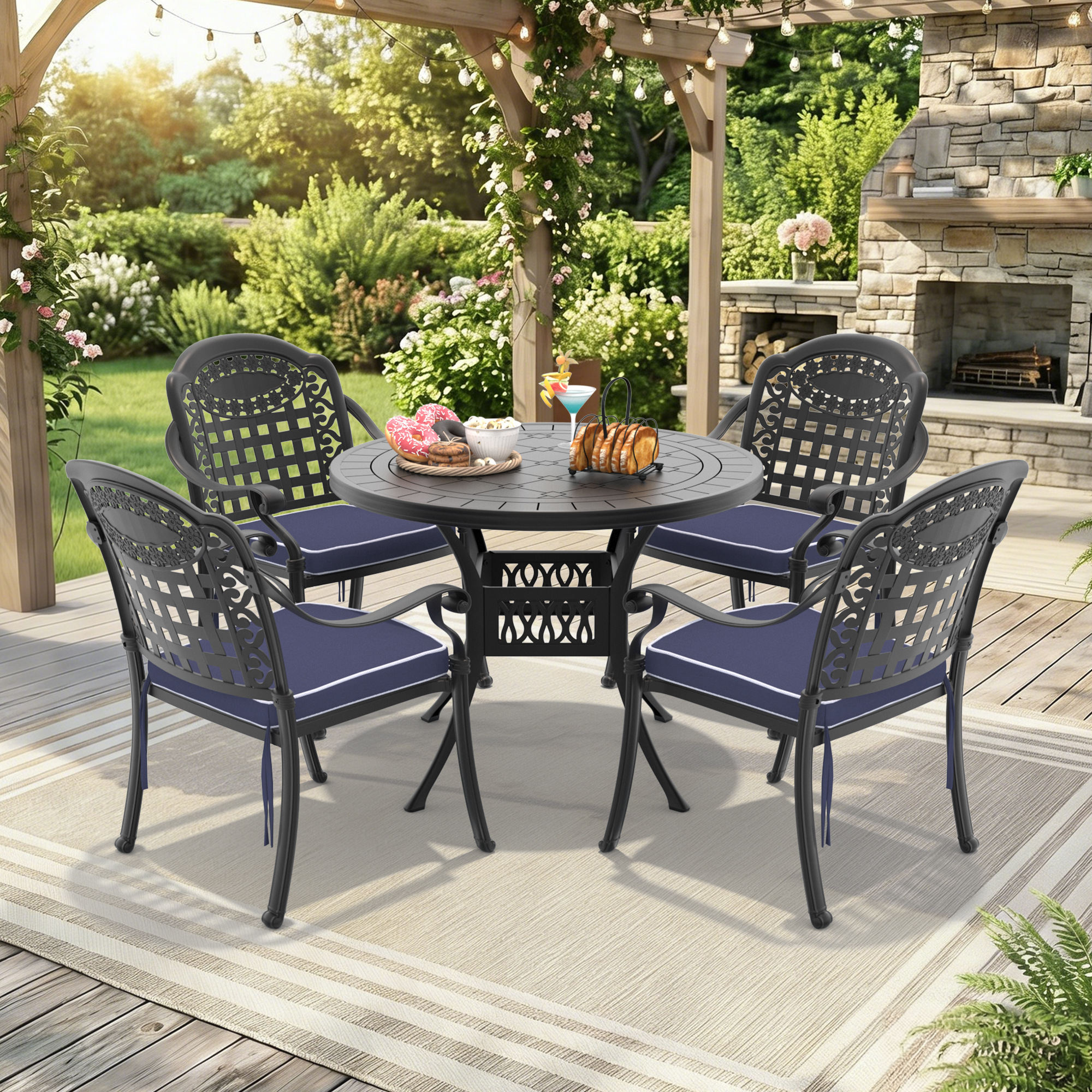 5-Piece Set Of Cast Aluminum Patio Furniture With Black Frame and Blue Seat Cushions(same sku:W1710S00070)