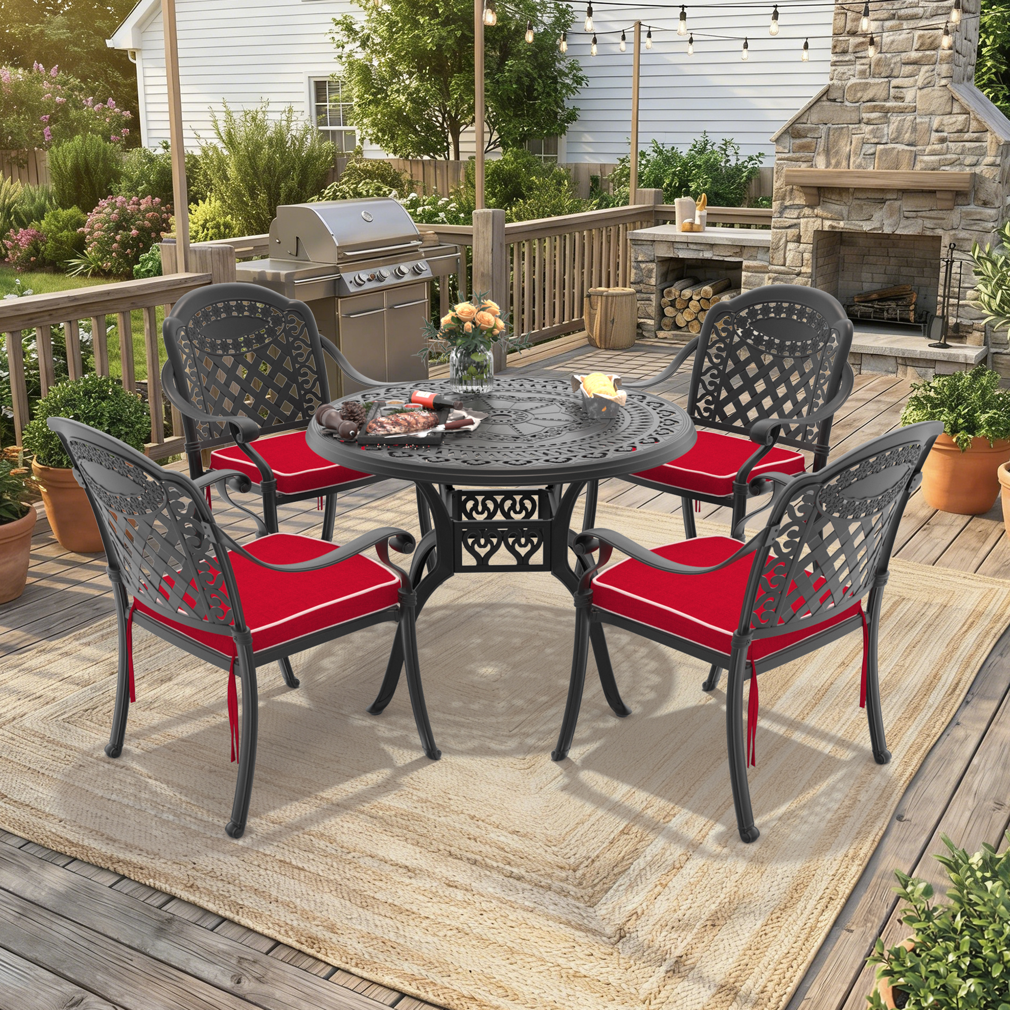 5-Piece Set Of Cast Aluminum Patio Furniture With Black Frame and Red Seat Cushions(same sku:W1710S00064)