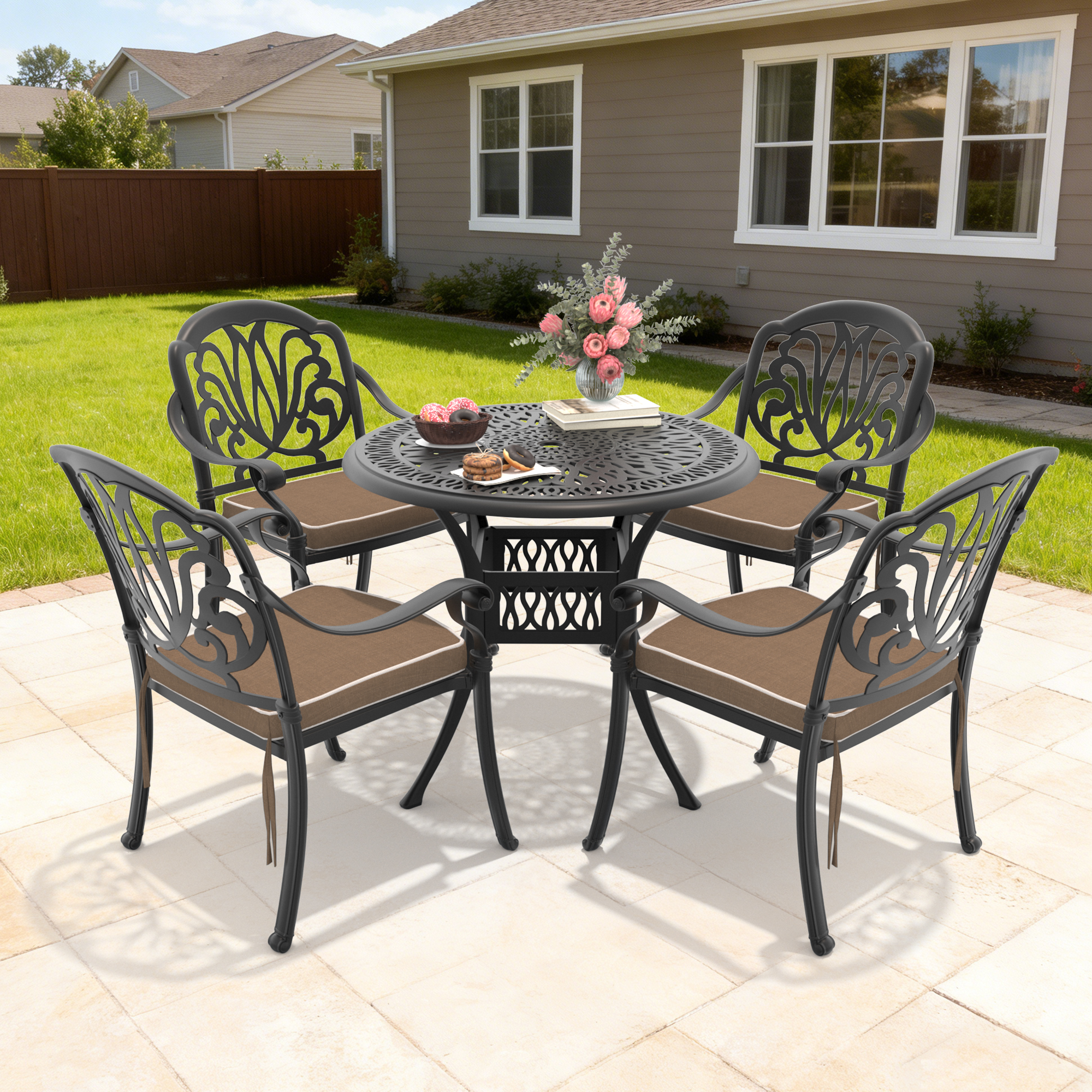 5-Piece Set Of Cast Aluminum Patio Furniture With Black Frame and Brown Seat Cushions(same sku: W1710S00050)
