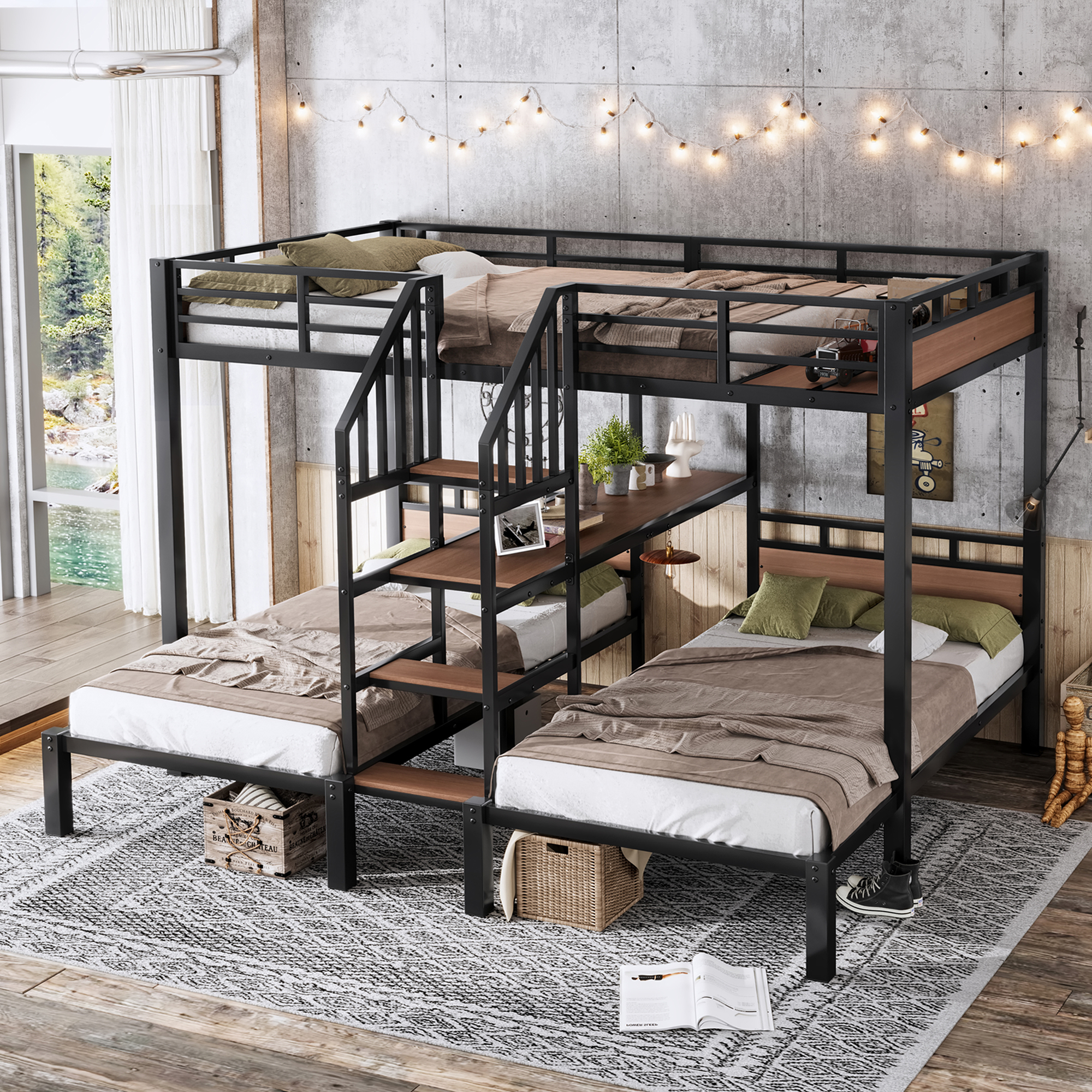 Full over Twin over Twin(Full XL over Twin over Twin) Metal Bunk Bed ,triple metal bunk bed with Storage shelves and storage stairs,Black