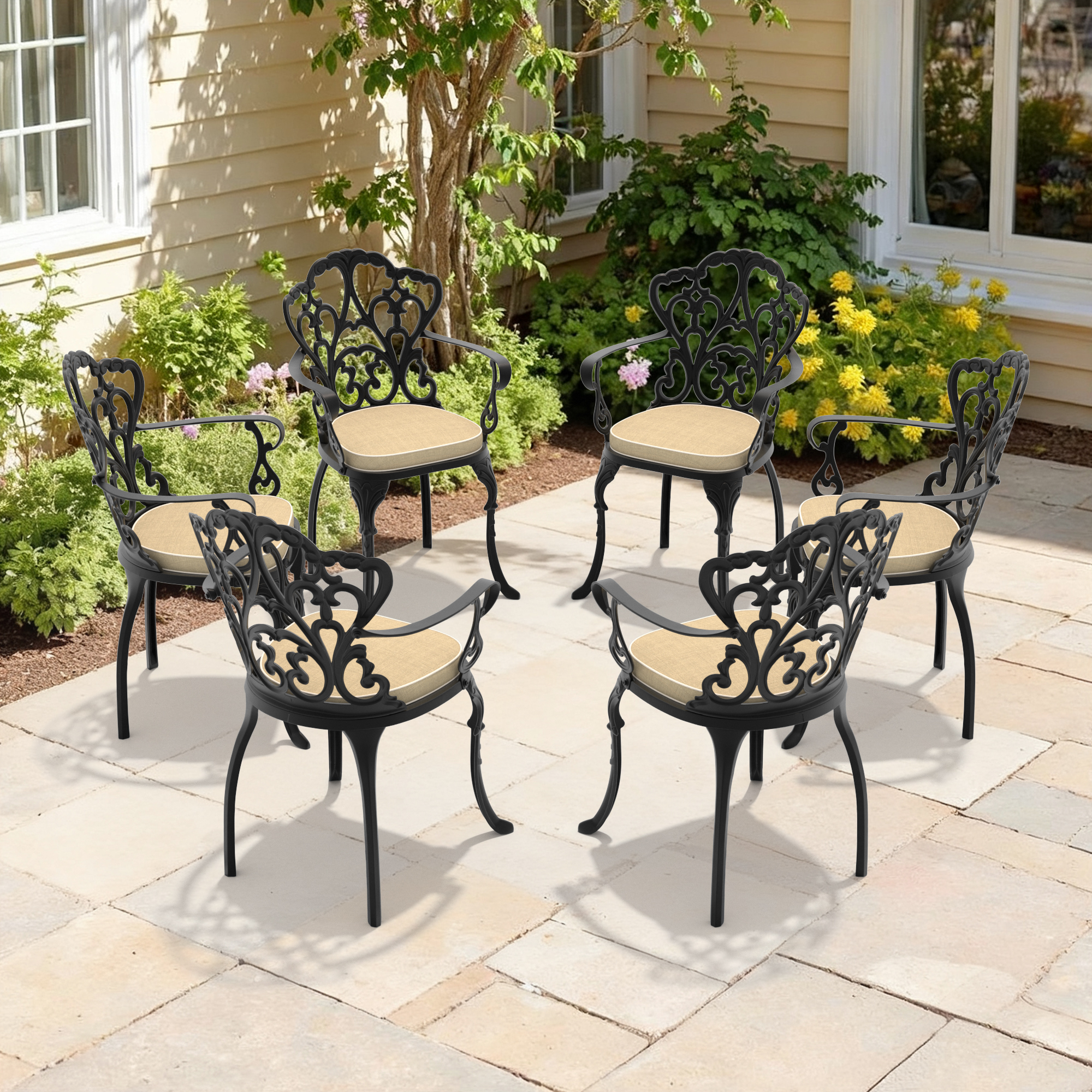 Cast Aluminum Patio Dining Chair 6PCS With Black Frame and Off-white Cushions (same sku:W1710P166007)