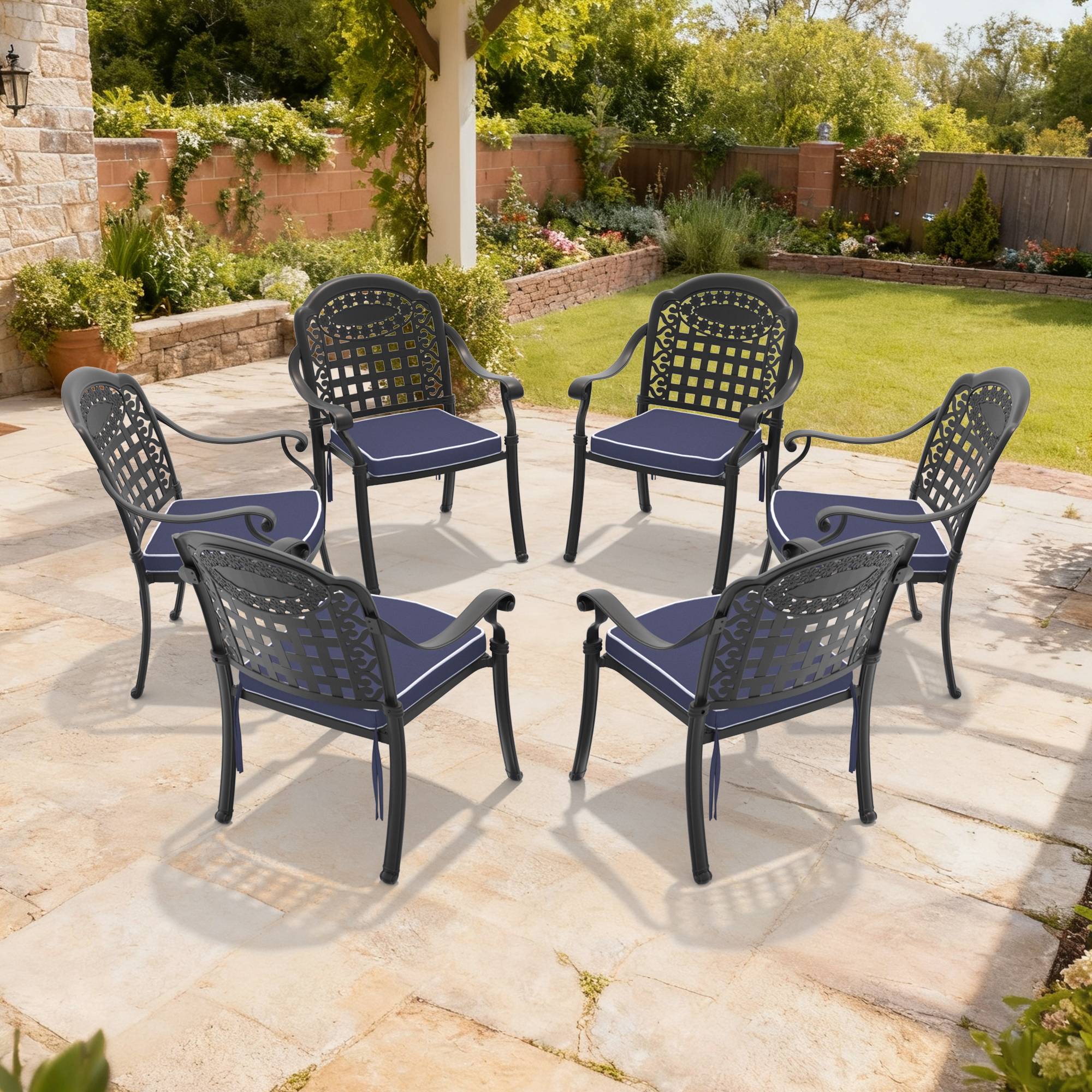 Cast Aluminum Patio Dining Chair 6PCS With Black Frame and Blue Cushions (same as: W1710S00481 ,W1710P166057)