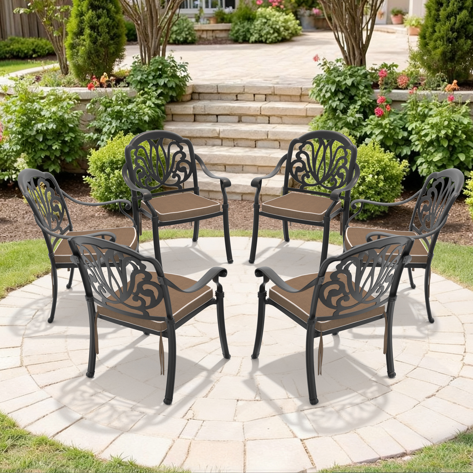 Cast Aluminum Patio Dining Chair 6PCS With Black Frame and Brown Cushions (same as:W1710P166053 ,W1710S00479)