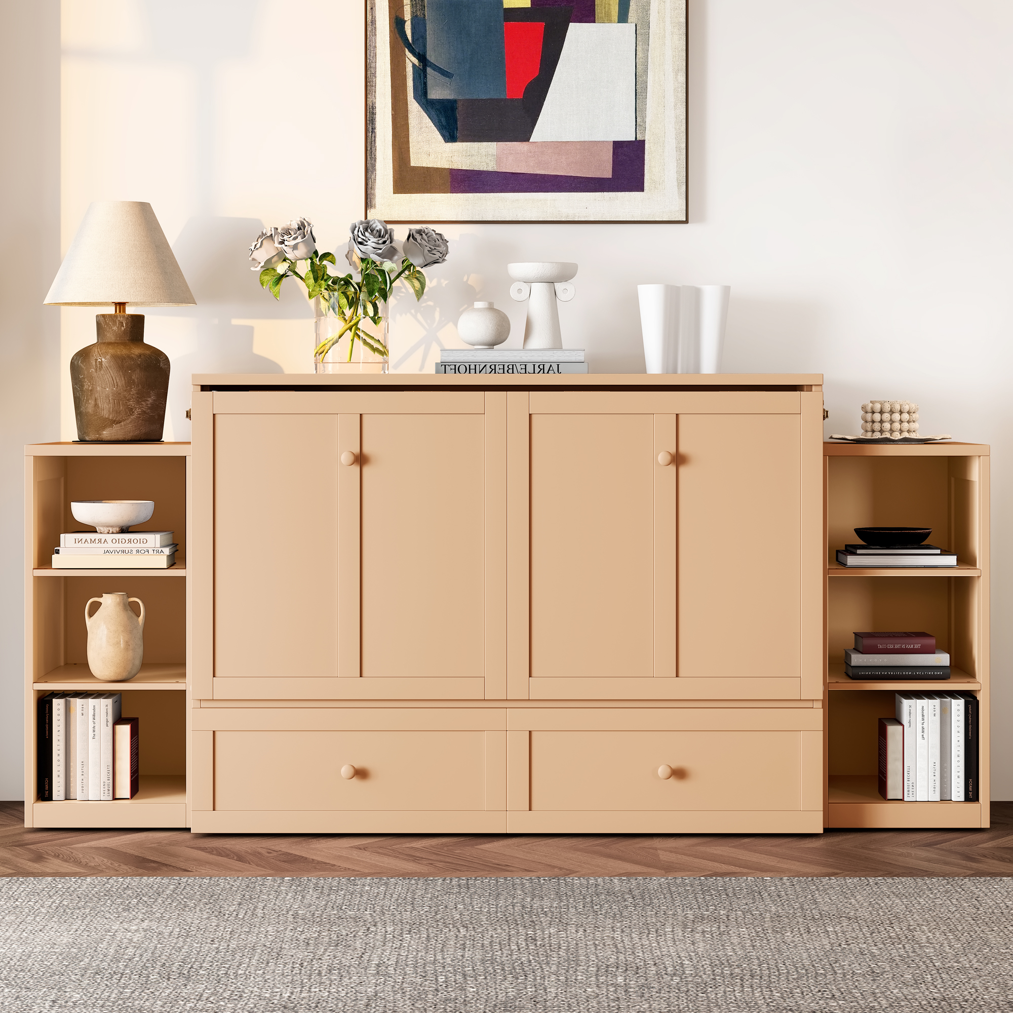 Full size Murphy bed with spacious storage drawers and shelves. Ideal for guest rooms or compact bedrooms.Golden