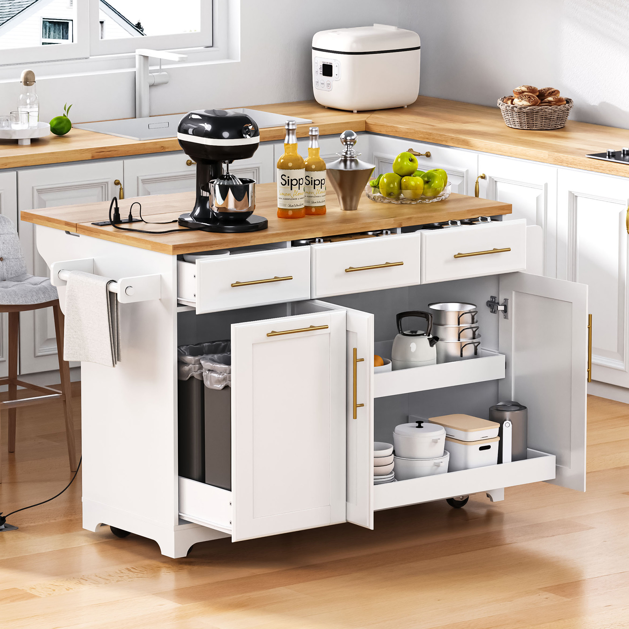 K&K 59.3″ Kitchen Island with Storage 2 Pull Out Cabinet Organizers & Rubber Wood Drop Leaf, Rolling Kitchen Island with Trash Can Storage, Power Outlet, Spice & Towel Rack for Kitchen, Dining, White