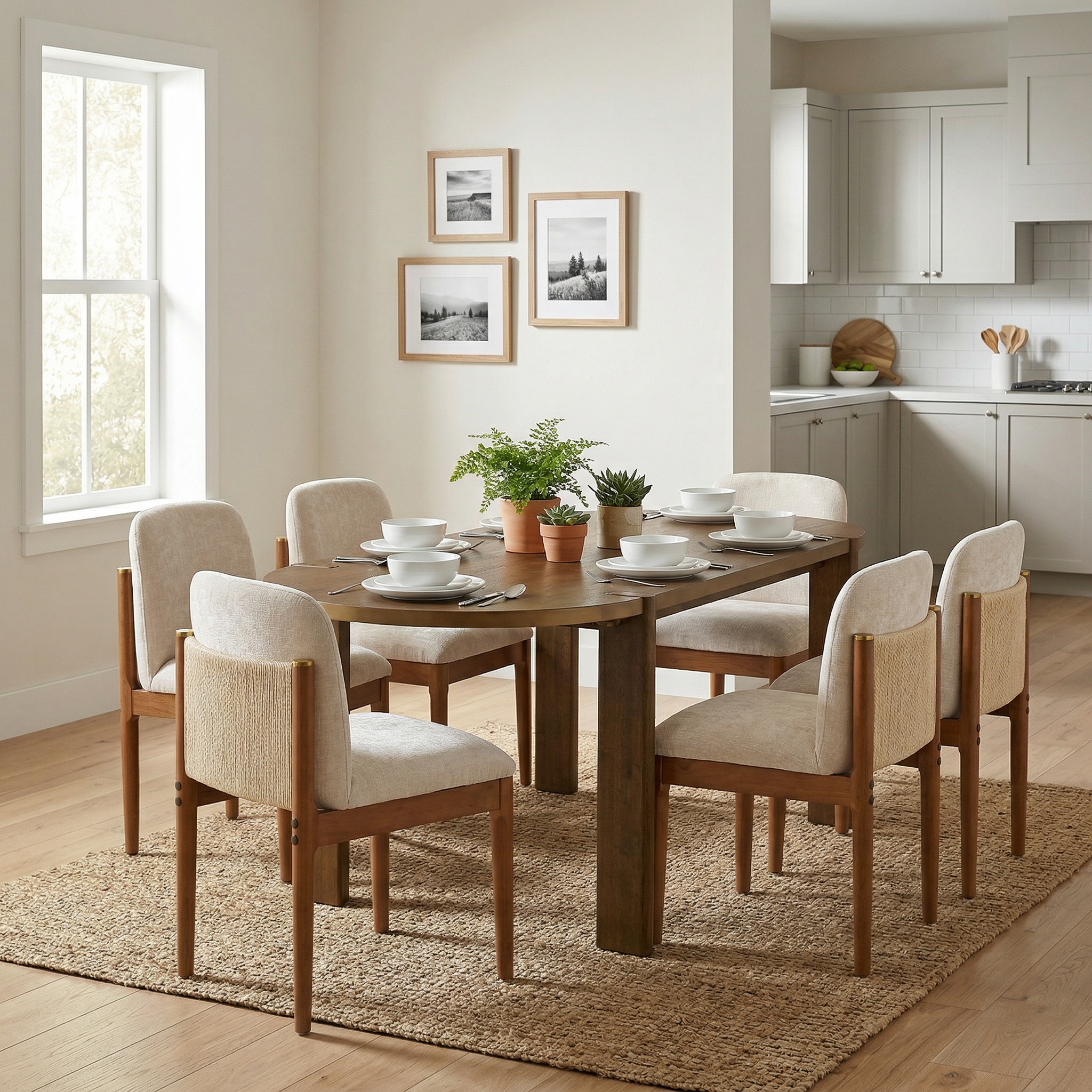 7 Pieces Modern Oval Dining Set, Rustic Farmhouse Solid Wood  Kitchen Table Set for 6, 71” Large Retro Country Dinner Set with Walnut Chair, for Dining Room, Kitchen, Home Office, Living Room, Walnut