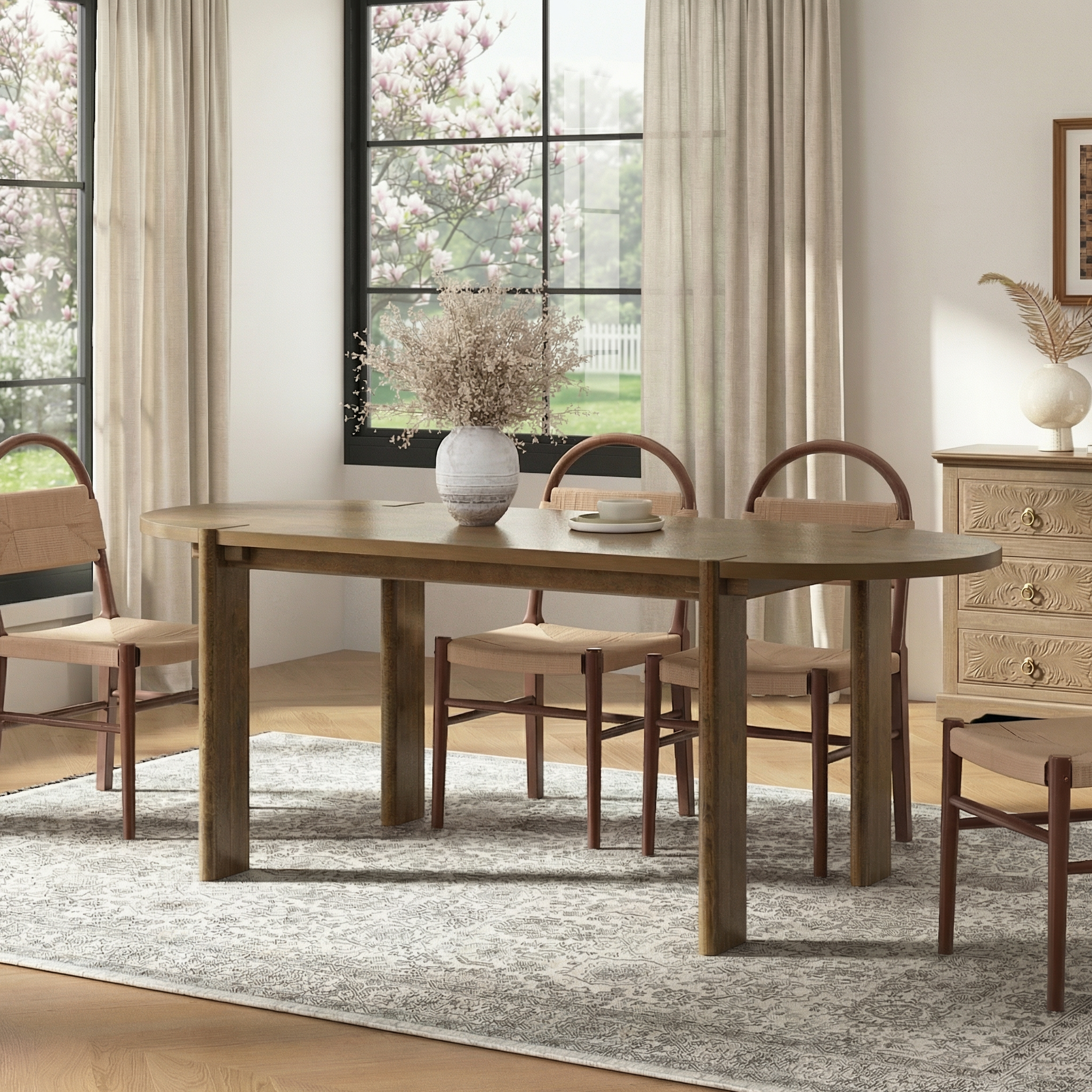Modern Wooden Dining Table for 4 to 6 People, 71″ Large Kitchen Dining Table with Wood Pedestal Base, Mid Century Oval Long Dinner Table for Home Dining Room Restaurant, Walnut