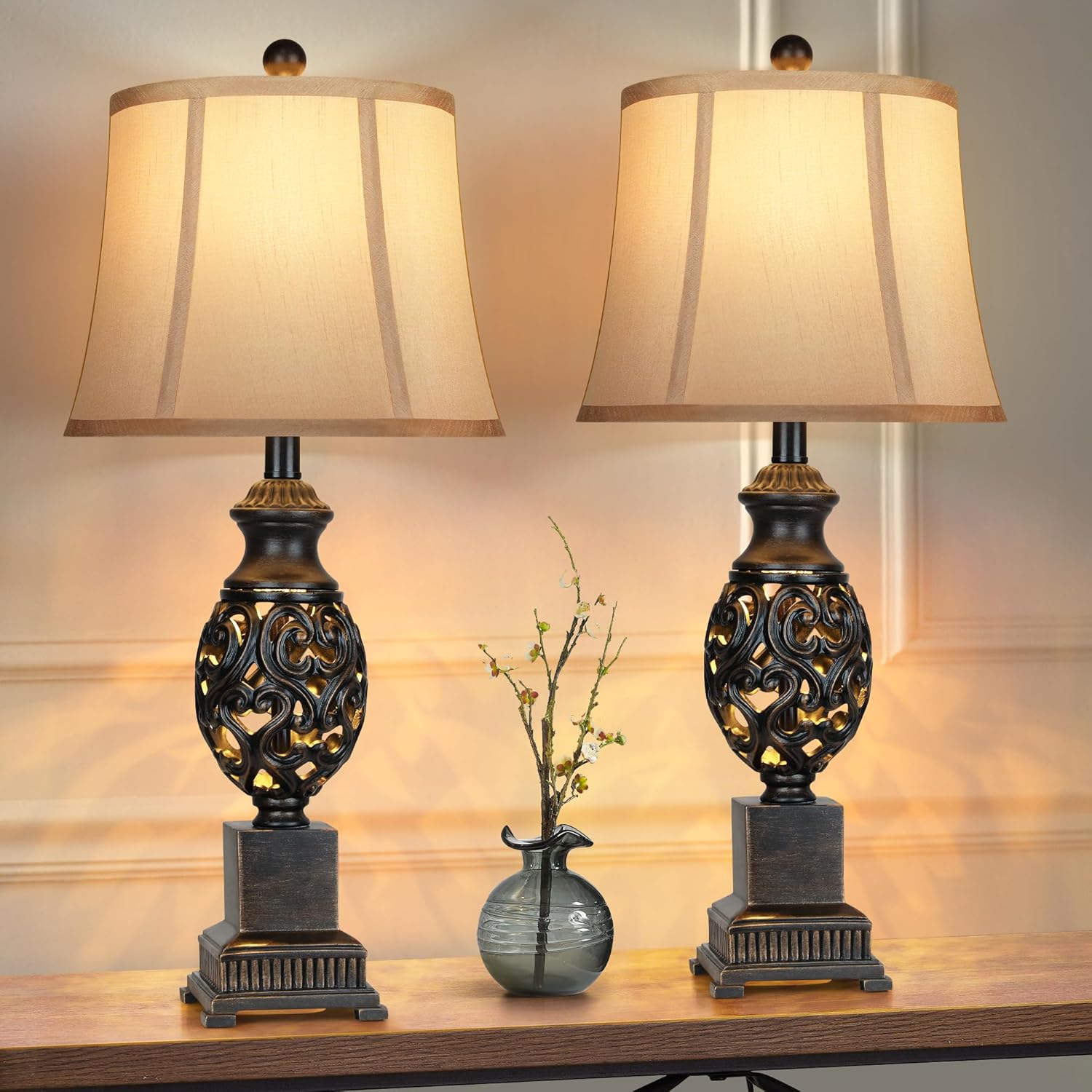 Table Lamps Set of 2.28” Tall Bedside Lamp with Nightlight, Rustic Farmhouse Nightstand Lamps with Linen Shades for Living Room Bedroom End Table(Black)