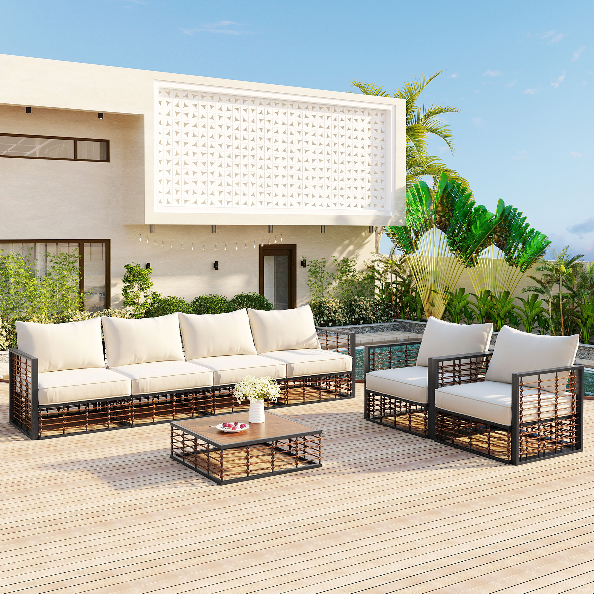 TOPMAX Modern Minimalist 7-Piece Metal Patio Sectional Sofa Set, All-Weather Garden Conversational Furniture Set with Thick Cushions and Coffee Table for Indoor Outdoor, Gray