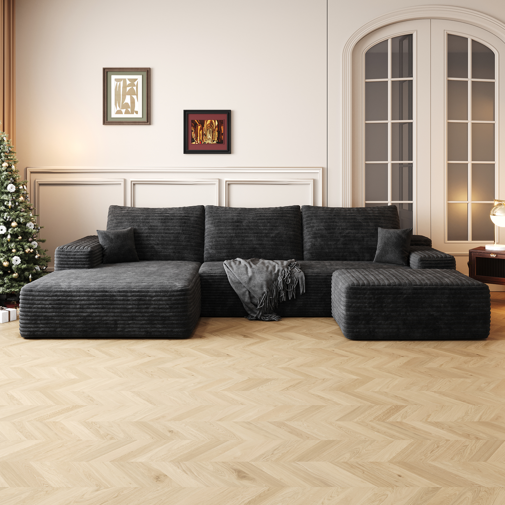 107″Cloud Sectional Sofa with 1 Ottoman,Modern Minimalist Upholstered Couches,Comfort U Shaped Sofa for Living Room,Deep Seat Corner Couch,No Assembly Required (Plush Corduroy Fabric),Black