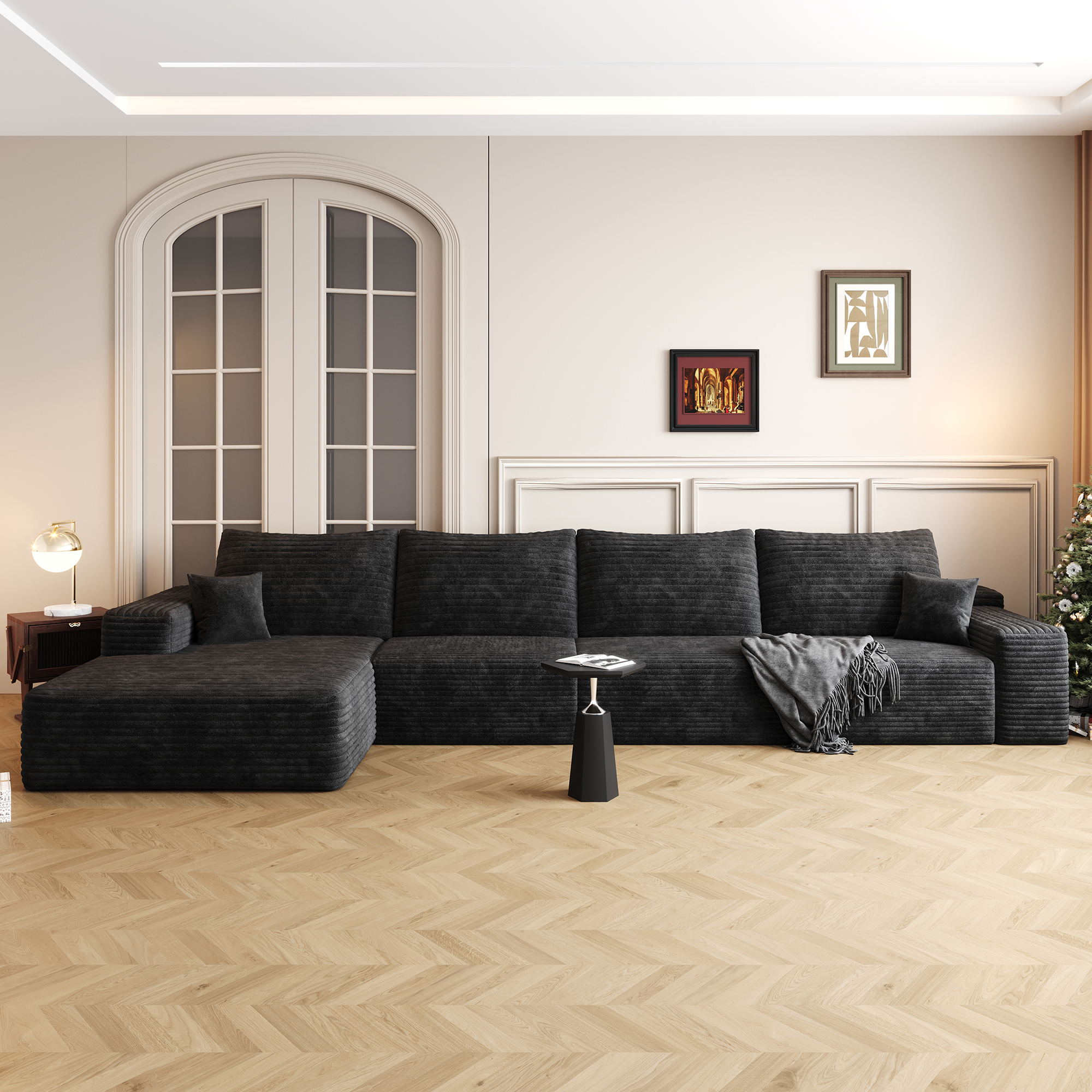135″ Cloud Sectional Couch with L-Shape Chaise,Modern Modular Sofa with Deep Seat, Upholstered Couches for Living Room Bedroom,No Assembly Required, Black(Plush Corduroy Fabric)
