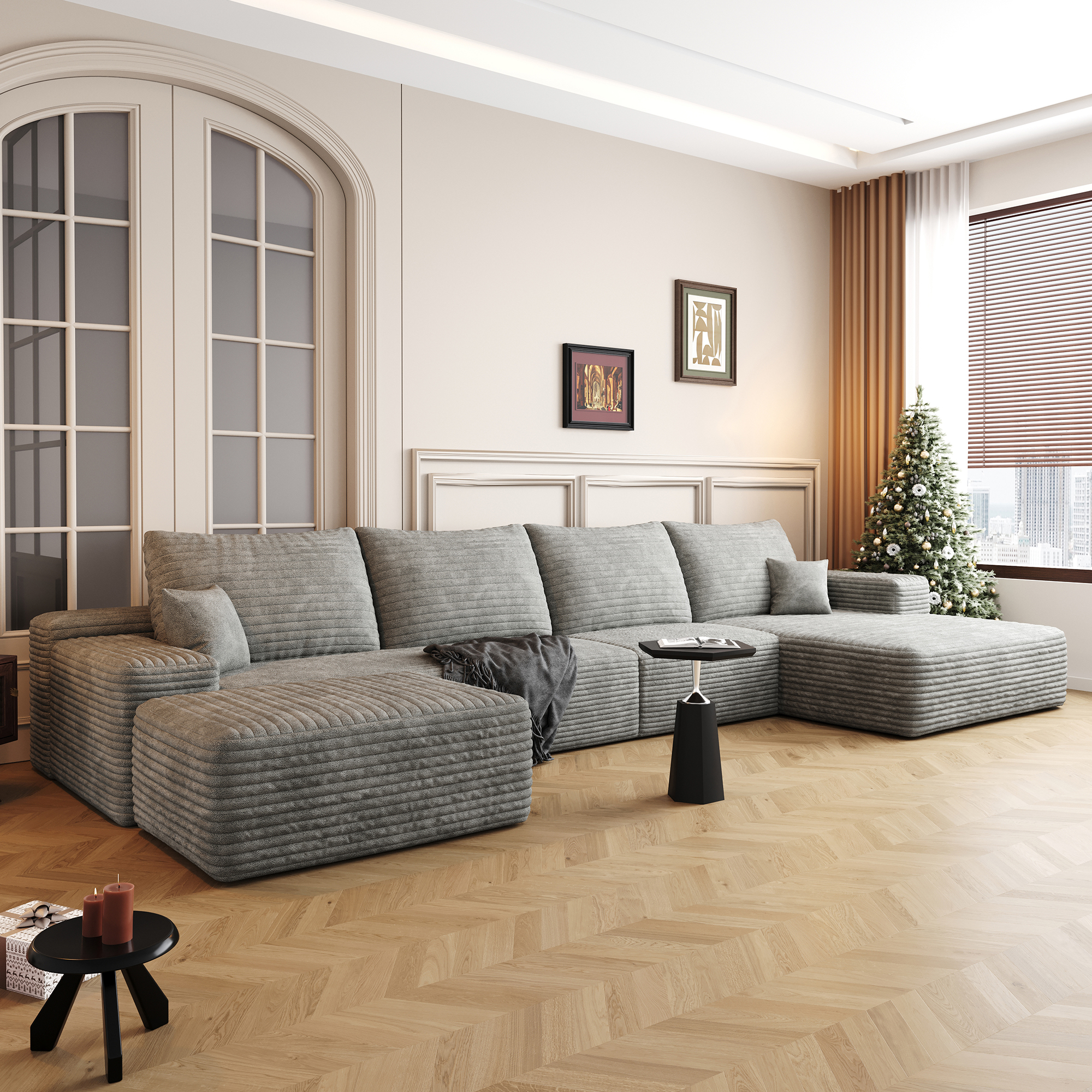 135″ Cloud Sectional Sofa with 1 Ottoman,Modern Minimalist Upholstered Couches, Comfort U Shaped Sofa for Living Room,Deep Seat Corner Couch,No Assembly Required ,Grey(Plush Corduroy Fabric)