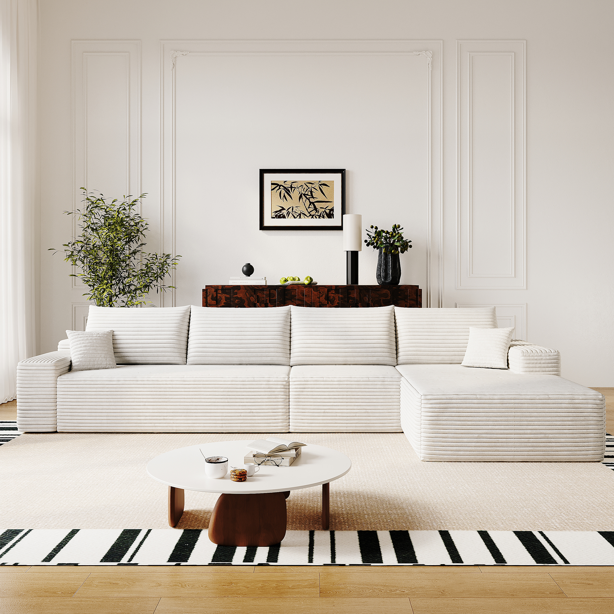 135″ Cloud Sectional Couch with L-Shape Chaise,Modern Modular Sofa with Deep Seat, Upholstered Couches for Living Room Bedroom,No Assembly Required, (Plush Corduroy Fabric),White