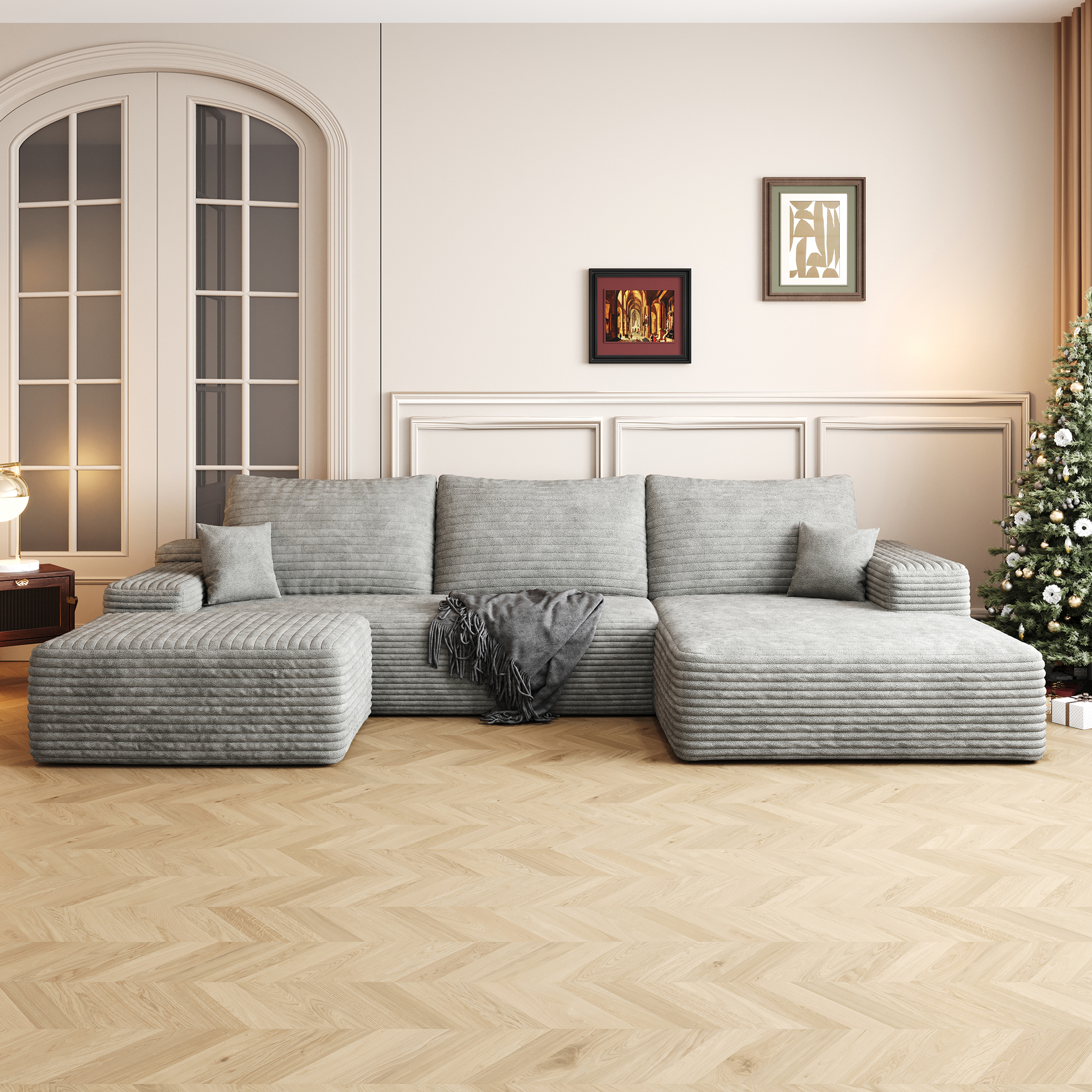 107″ Cloud Sectional Sofa with 1 Ottoman,Modern Minimalist Upholstered Couches, Comfort U Shaped Sofa for Living Room,Deep Seat Corner Couch,No Assembly Required,Grey(Plush Corduroy Fabric)