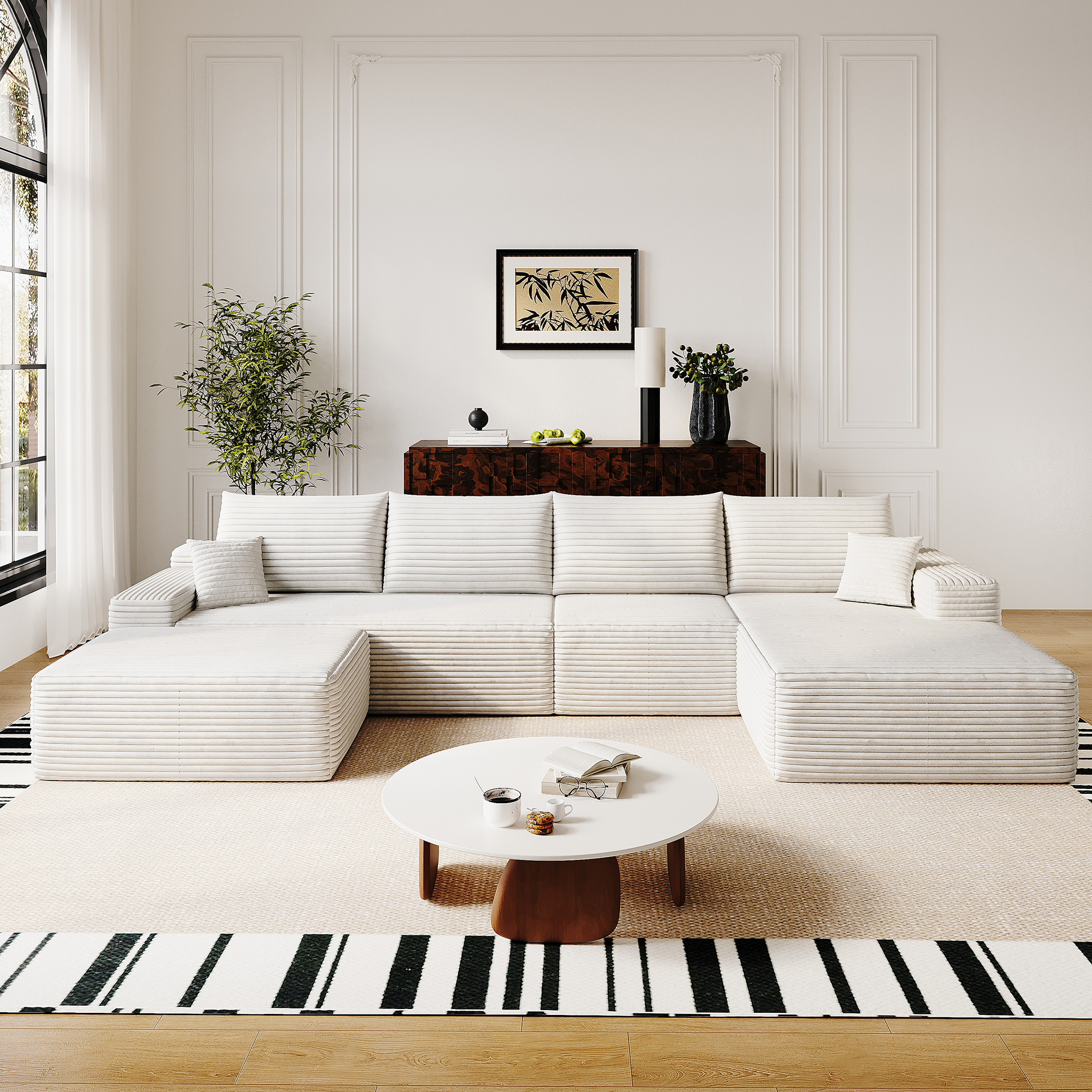 135″ Cloud Sectional Sofa with 1 Ottoman,Modern Minimalist Upholstered Couches, Comfort U Shaped Sofa for Living Room,Deep Seat Corner Couch,No Assembly Required (Plush Corduroy Fabric),White