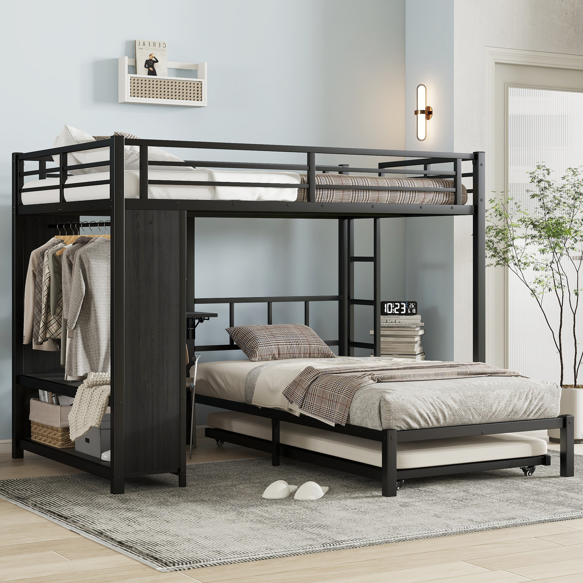 Full over Twin XL  (Full XL over Twin XL)  Bunk Bed with Built-in Wardrobe, Metal Bunk Bed with Twin Trundle, Foldable Desk, Ladders, Noise-reduced design, Black