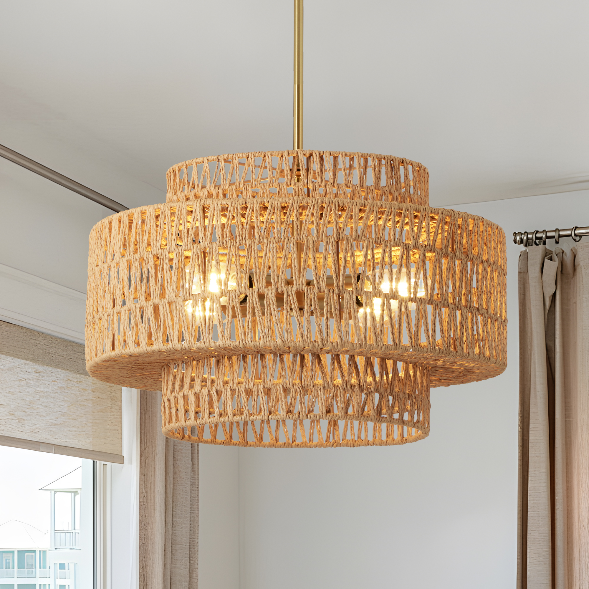 17.7″ Boho Rattan Chandelier for Dining Room Light Fixture, 5-Light Hand Woven Wicker Pendant Light Fixture, Farmhouse Rustic Hanging Chandelier for Dining Room, Kitchen Island, Living, Bedroom