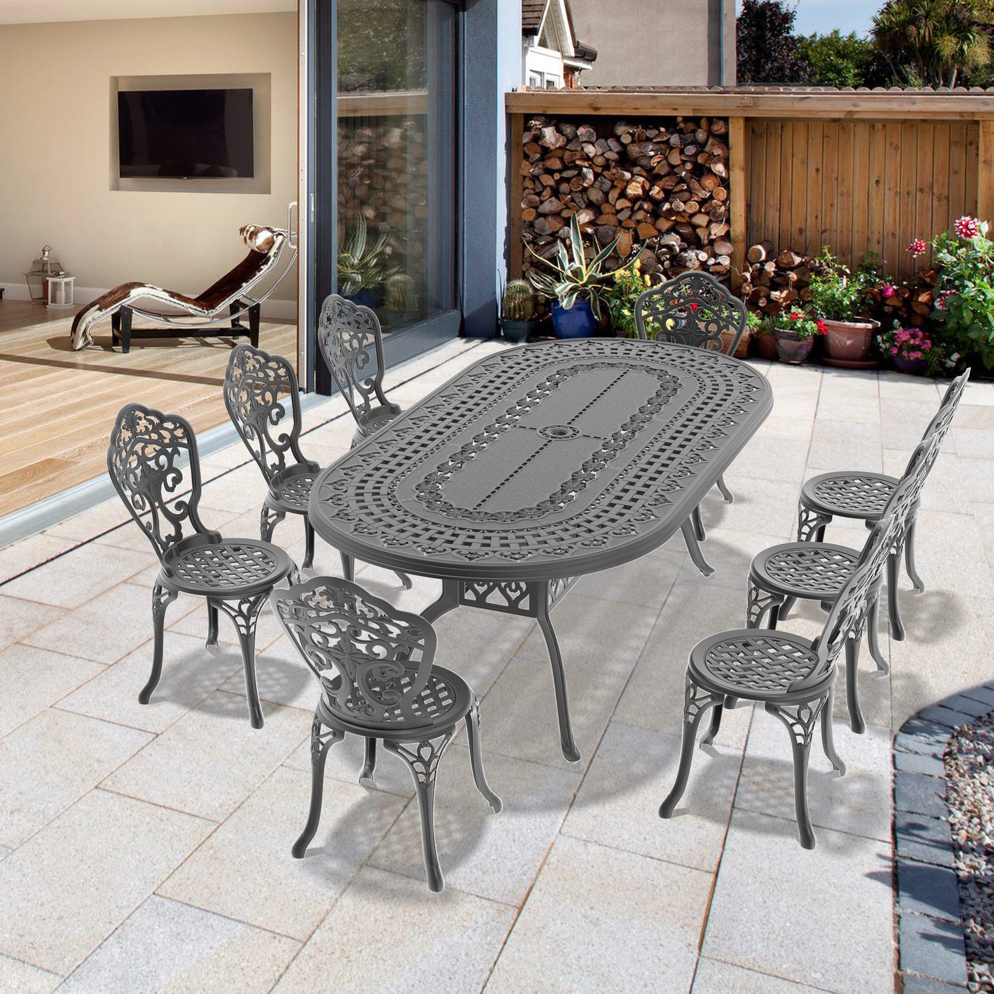 9-Piece Set Of All-Weather Cast Aluminum Dining Furniture Set With Black Frame(same sku: W1710S00533)