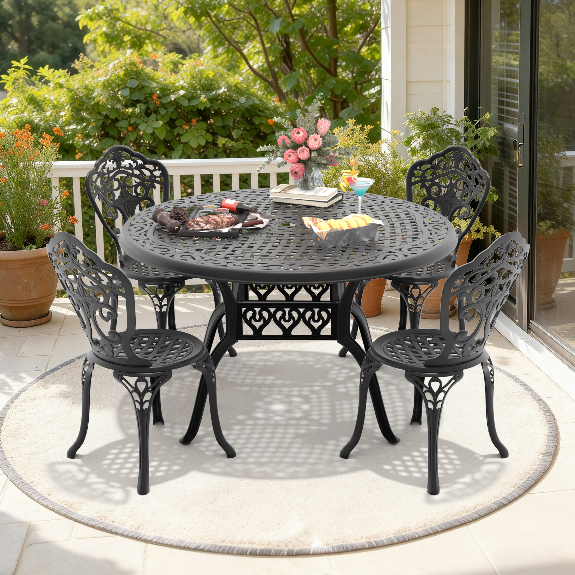 5-Piece Set Of All-Weather Cast Aluminum Dining Furniture Set With Black Frame