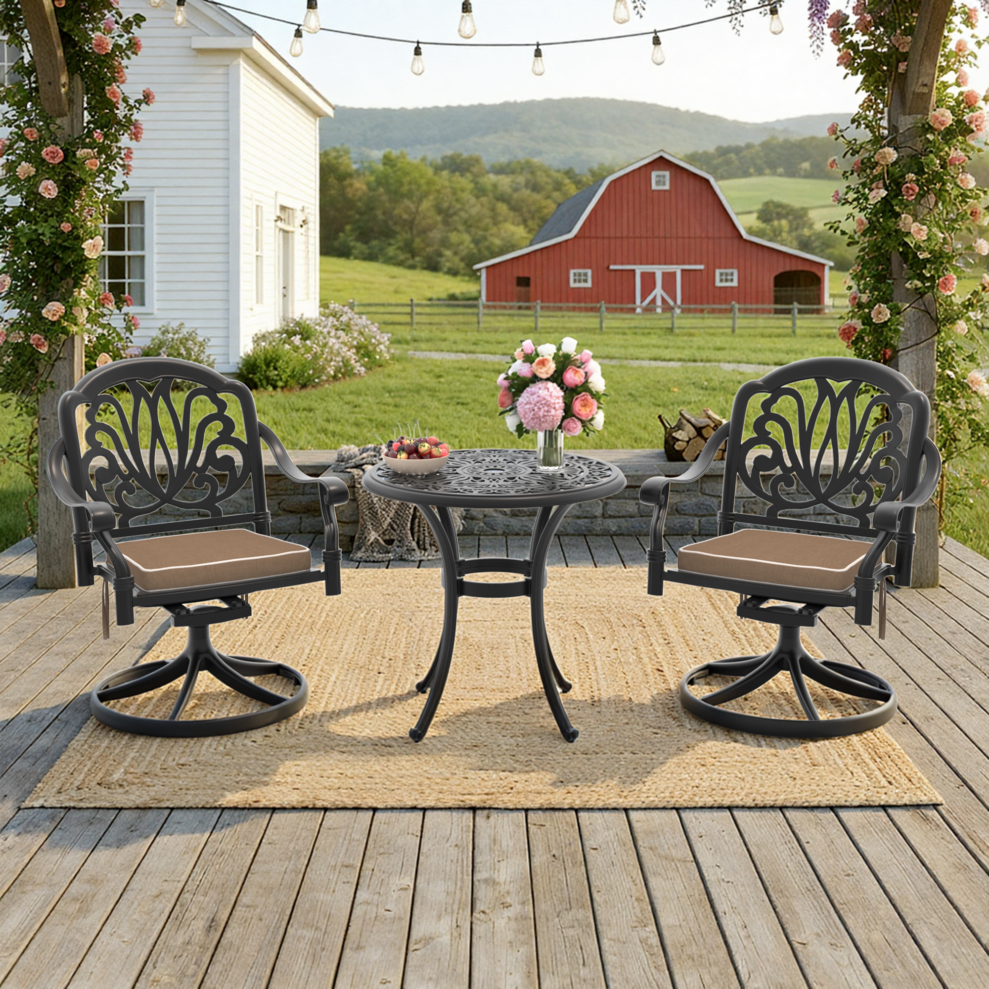 3-Piece All-Weather Cast Aluminum Dining Set, Include 2 Swivel Chairs and 26.77″ Round Table With Black Frame