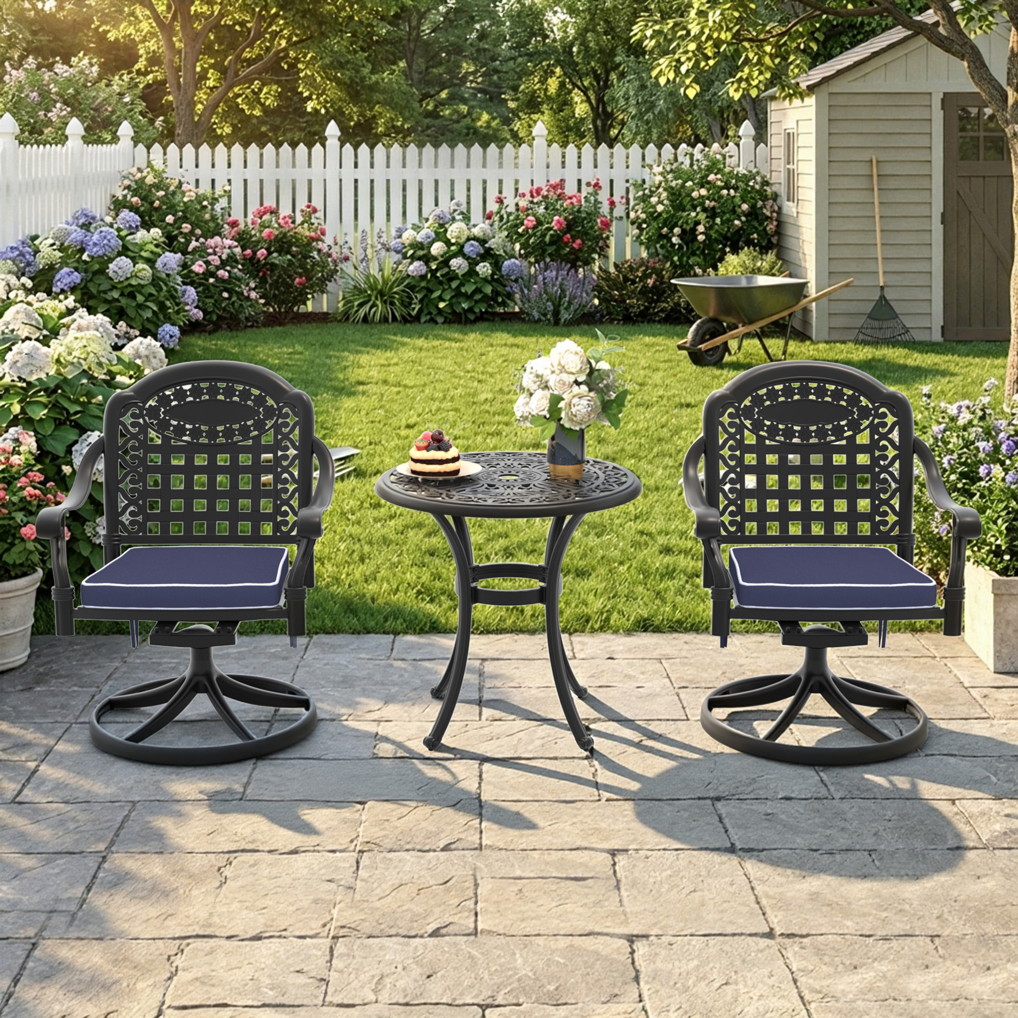 3-Piece All-Weather Cast Aluminum Dining Set, Include 2 Swivel Chairs and 26.77″ Round Table With Black Frame