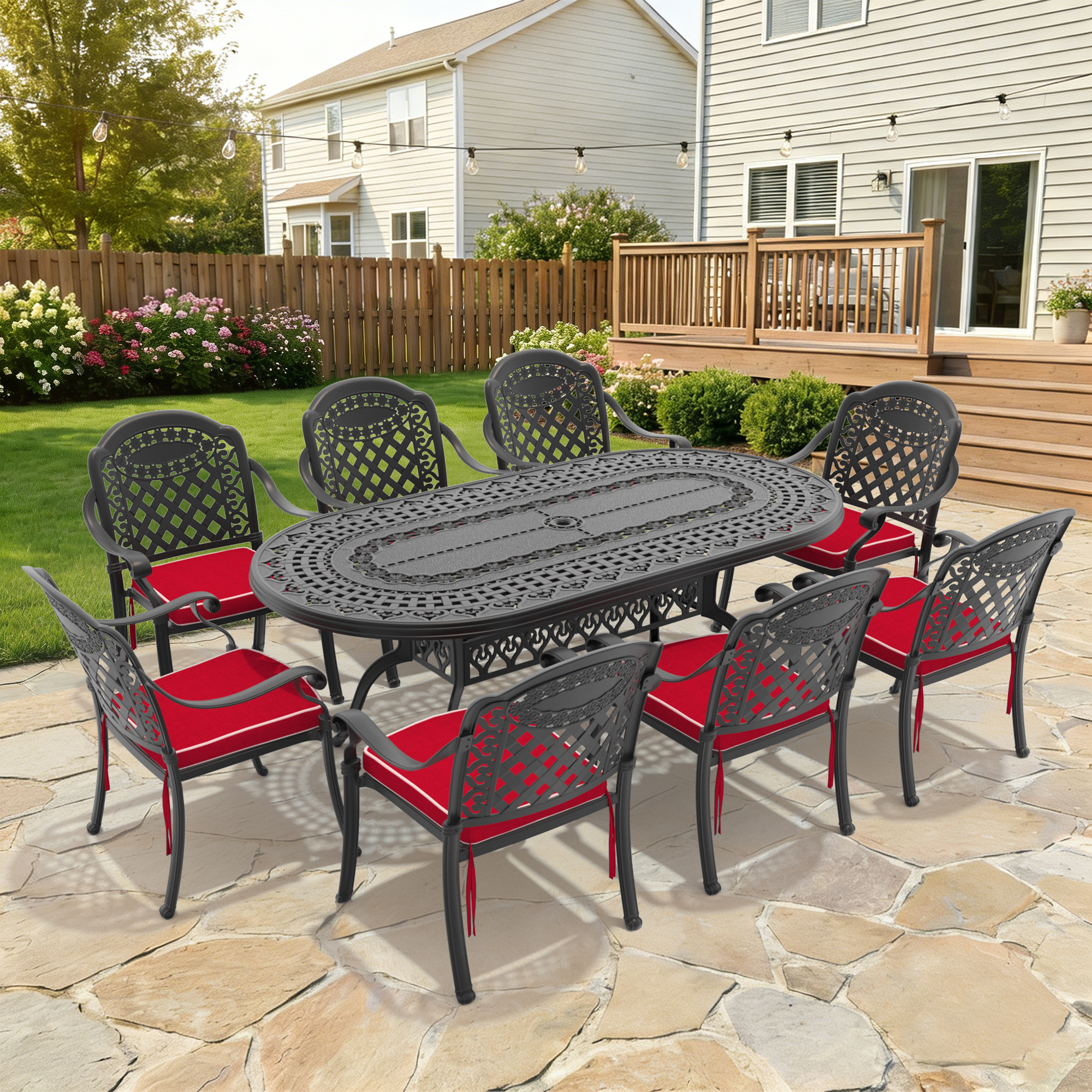 9-Piece Set Of Cast Aluminum Patio Furniture With Red Cushions(same as: W1710S00658)
