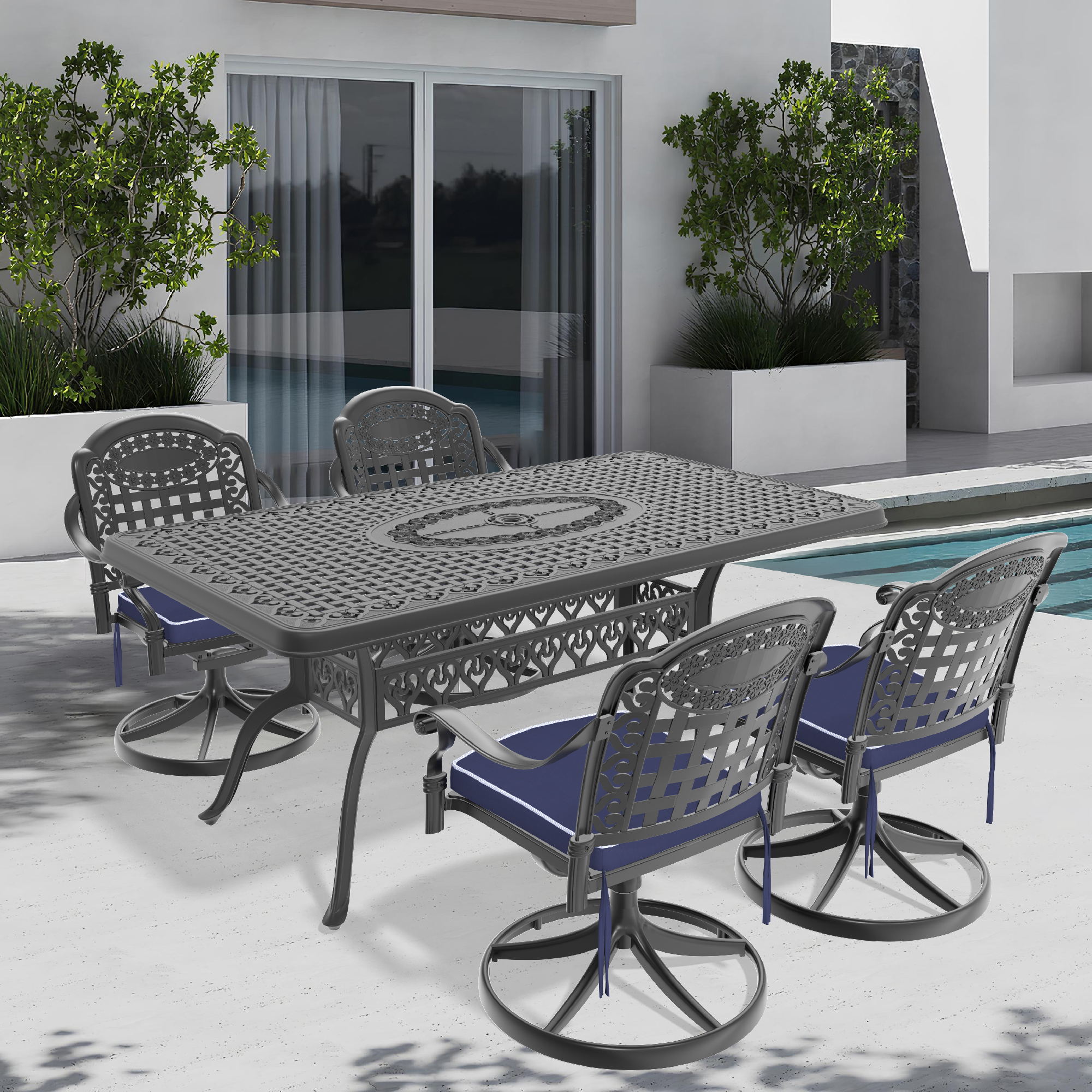 5-Piece All-Weather Cast Aluminum Dining Set, Include 4 Swivel Chairs and Rectangular Table With Black Frame (same sku:W1710S00355)