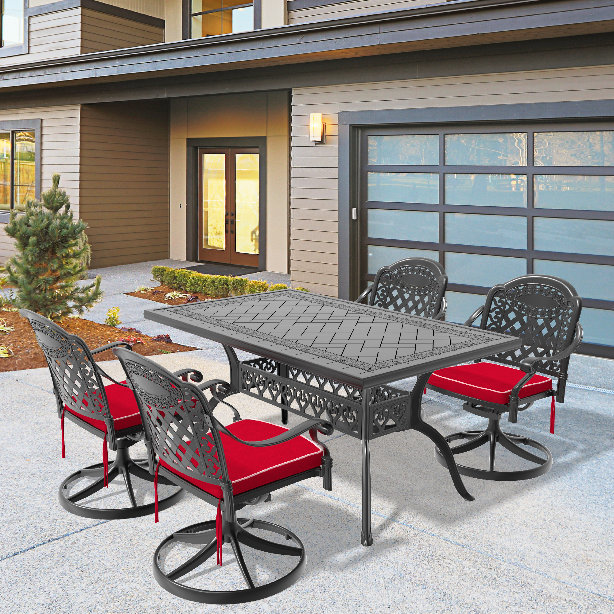 5-Piece All-Weather Cast Aluminum Dining Set, Include 4 Swivel Chairs and Rectangular Table With Black Frame(same sku:W1710S00321)