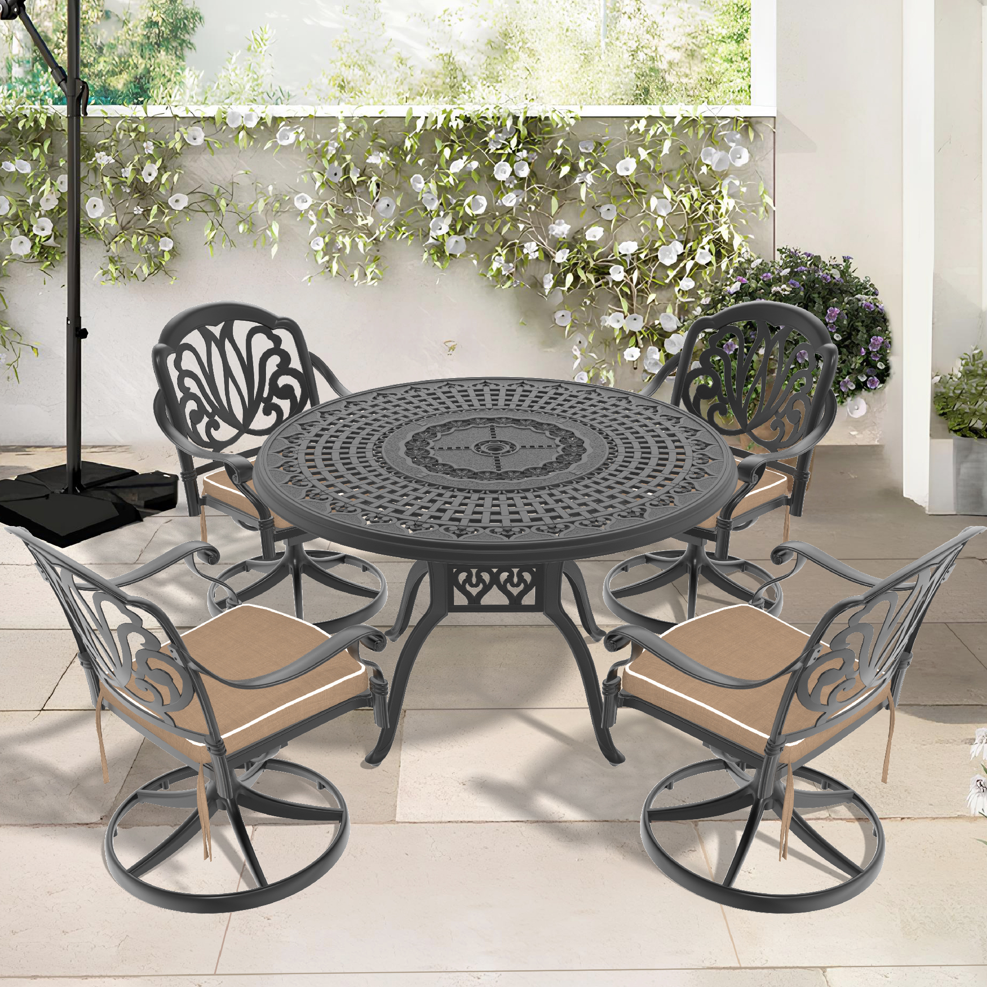 5-Piece All-Weather Cast Aluminum Dining Set, Include 4 Swivel Chairs and 47.24″ Round Table With Black Frame (same sku:W1710S00447)